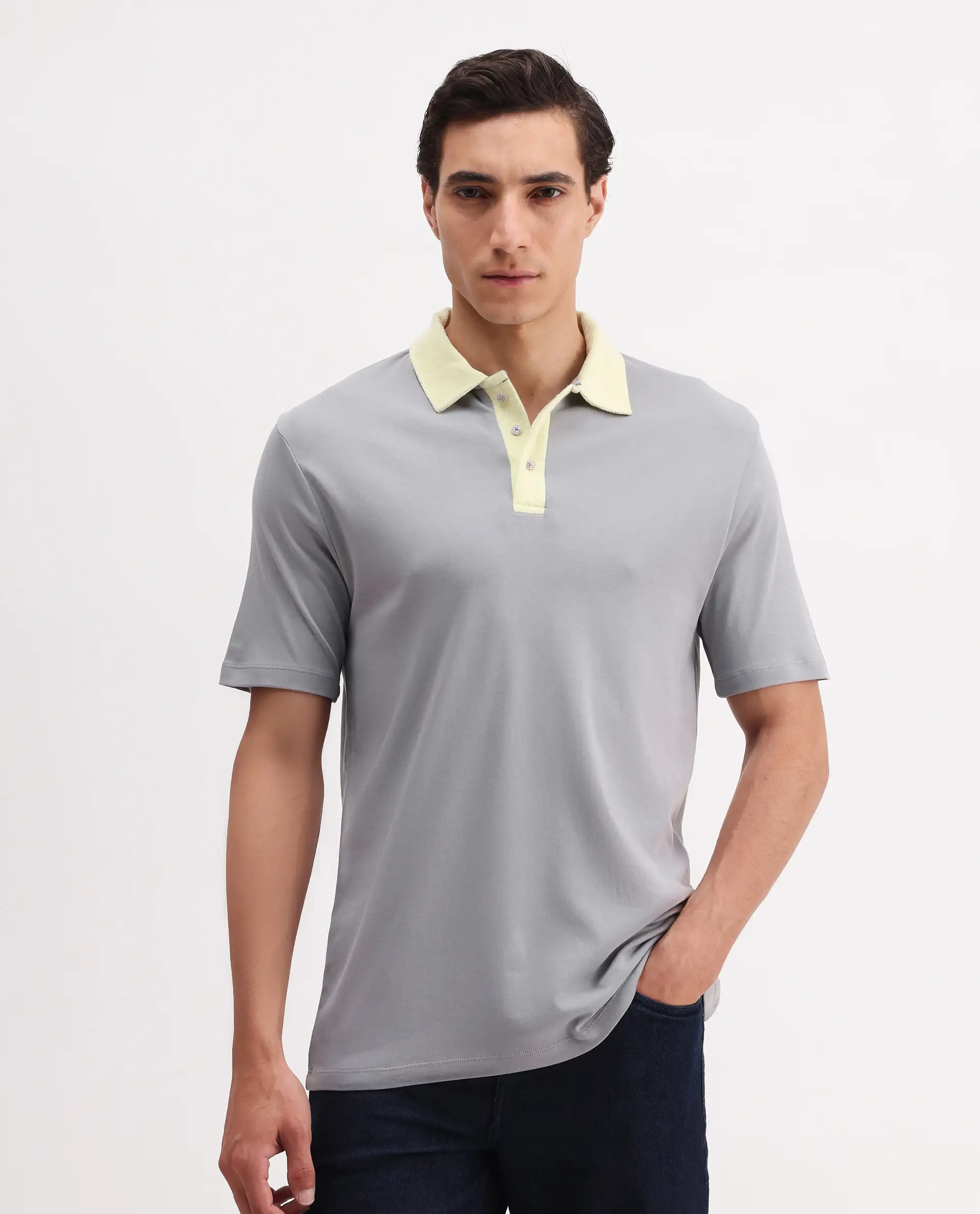 Rare Rabbit Men's Canot Grey Cotton Plain Regular Fit Half Sleeve Polo - Image 3