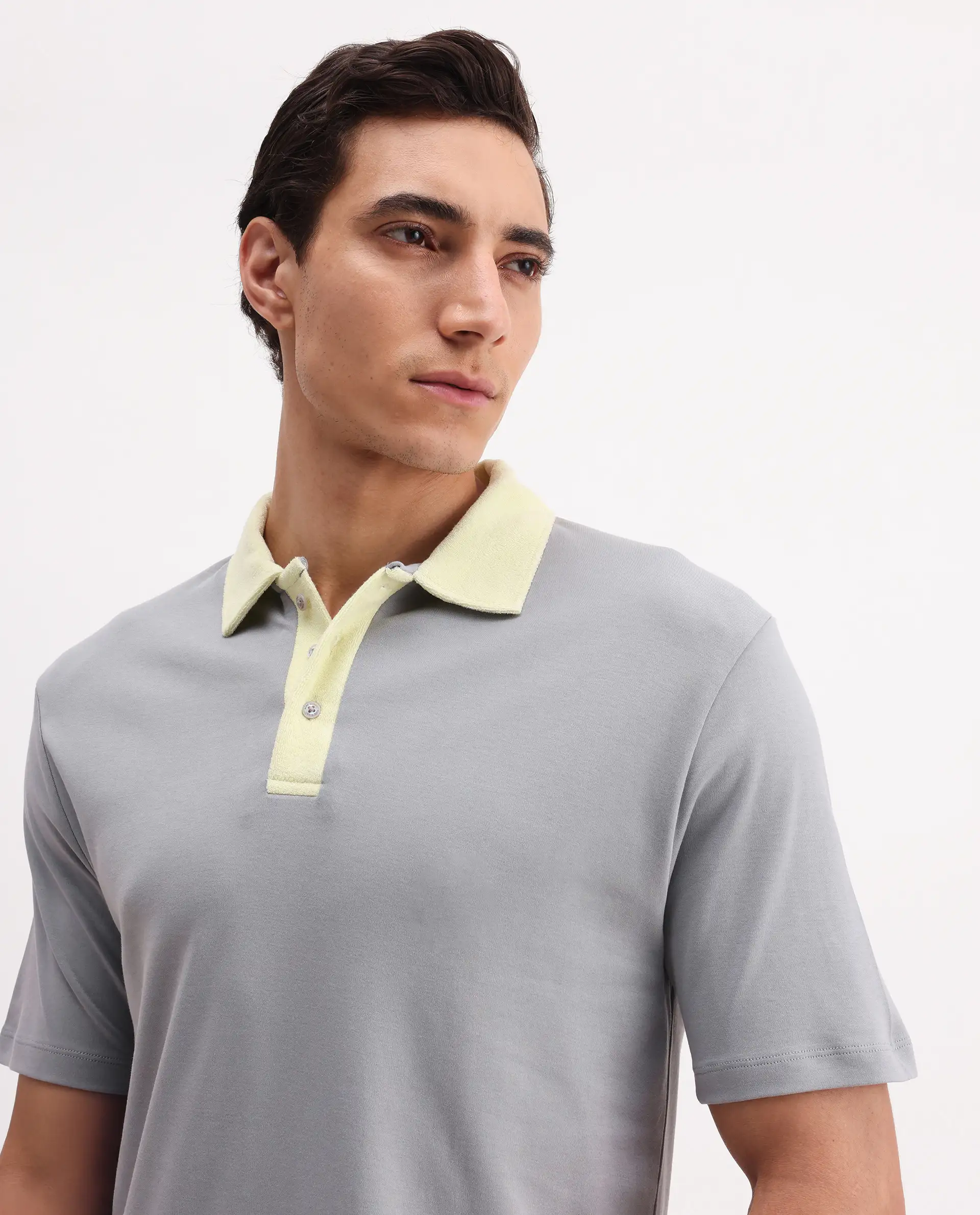Rare Rabbit Men's Canot Grey Cotton Plain Regular Fit Half Sleeve Polo - Image 4