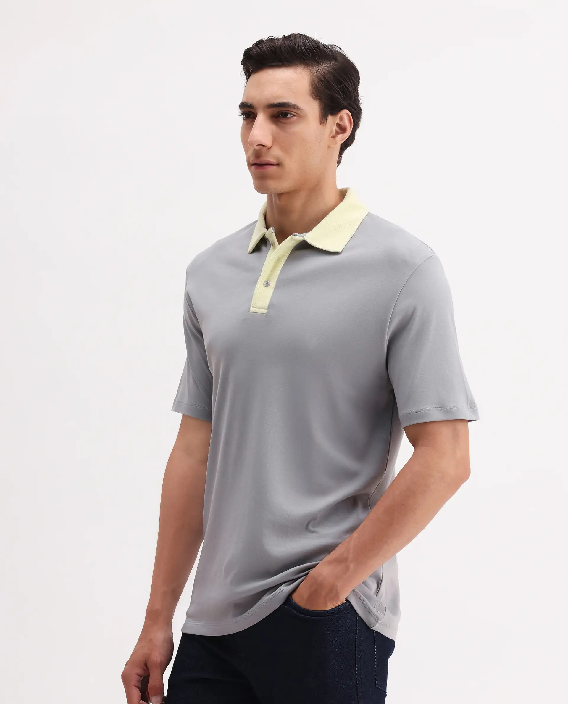 Rare Rabbit Men's Canot Grey Cotton Plain Regular Fit Half Sleeve Polo - Image 5