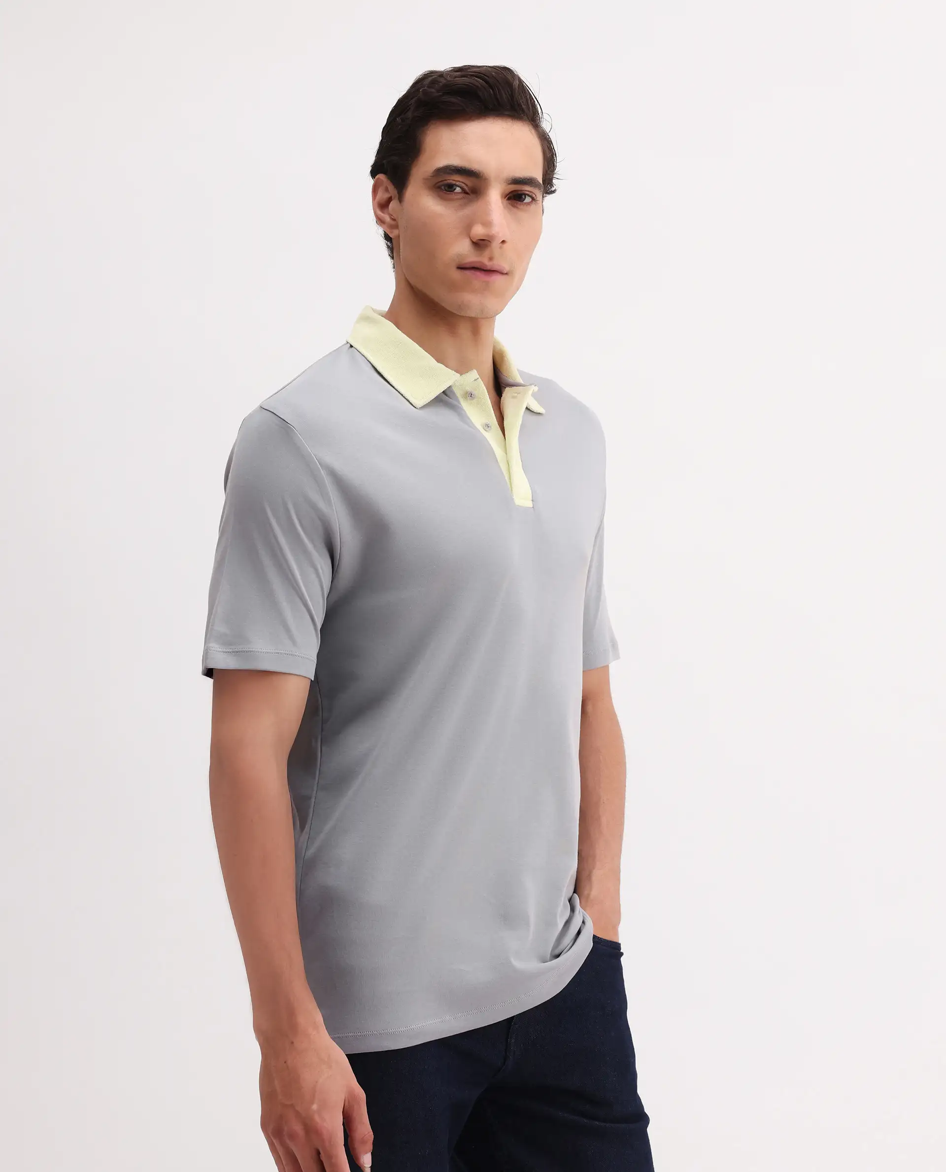Rare Rabbit Men's Canot Grey Cotton Plain Regular Fit Half Sleeve Polo - Image 6