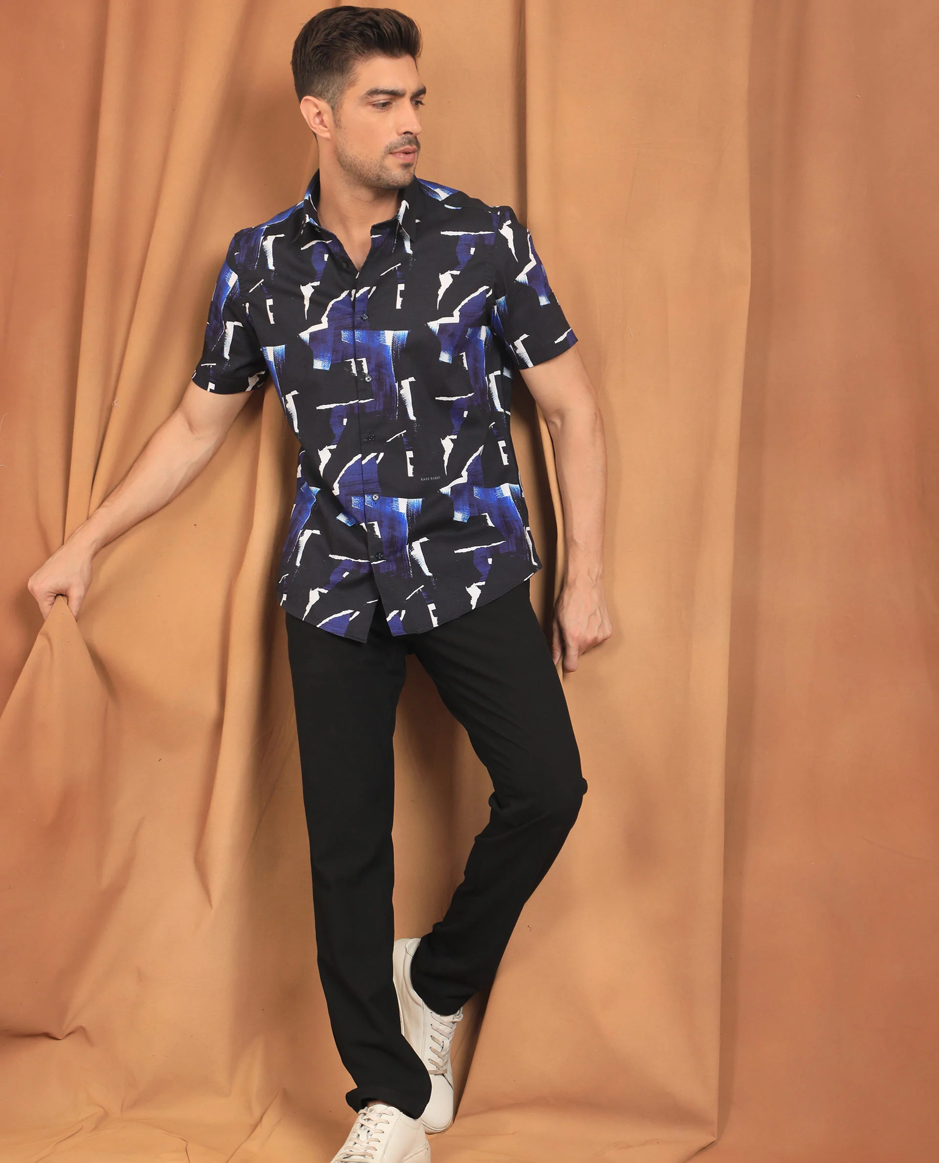 Rare Rabbit Men's Canva Blue Viscose Abstract Print Regular Fit Half Sleeve Collared Shirt - Image 2