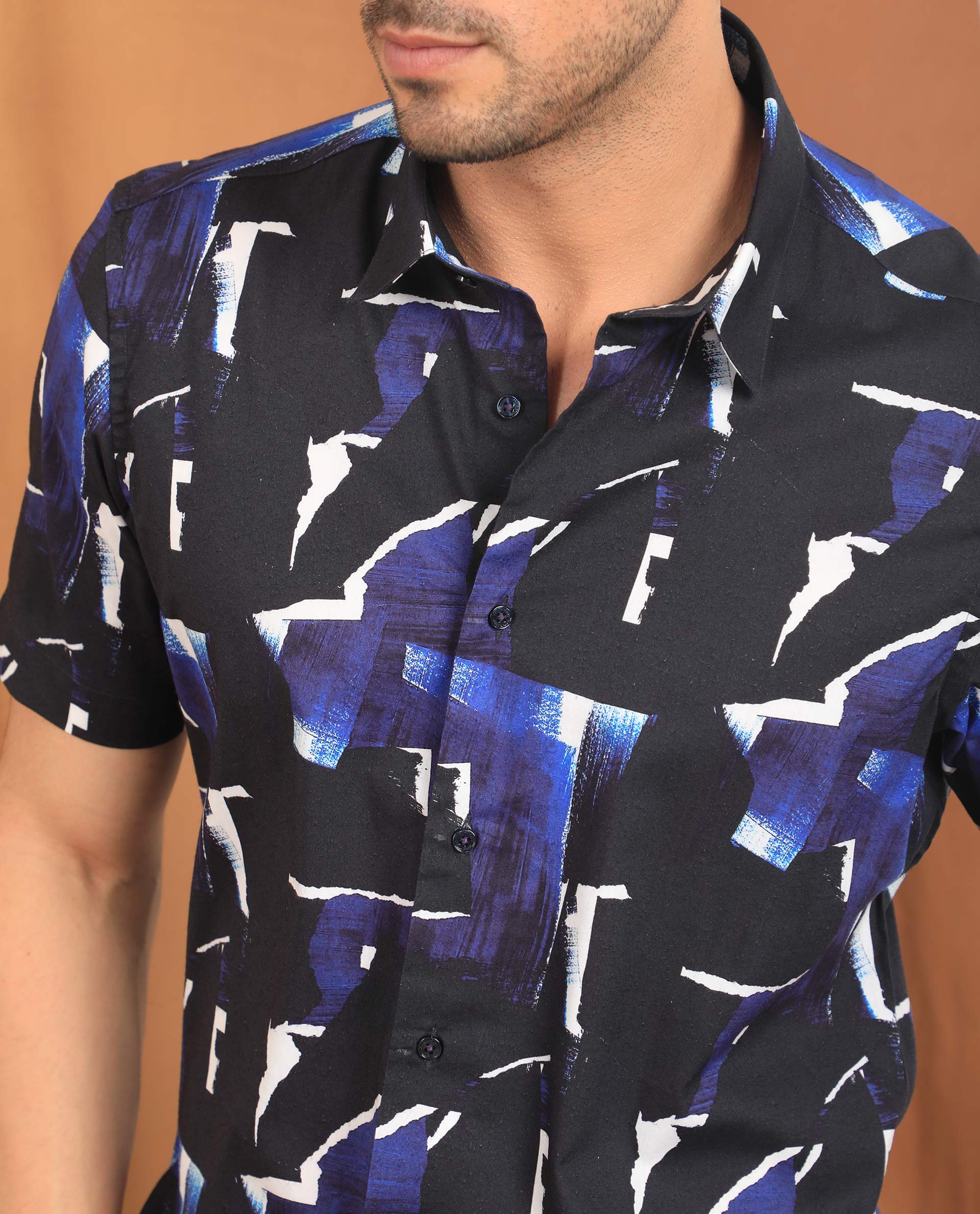 Rare Rabbit Men's Canva Blue Viscose Abstract Print Regular Fit Half Sleeve Collared Shirt - Image 4