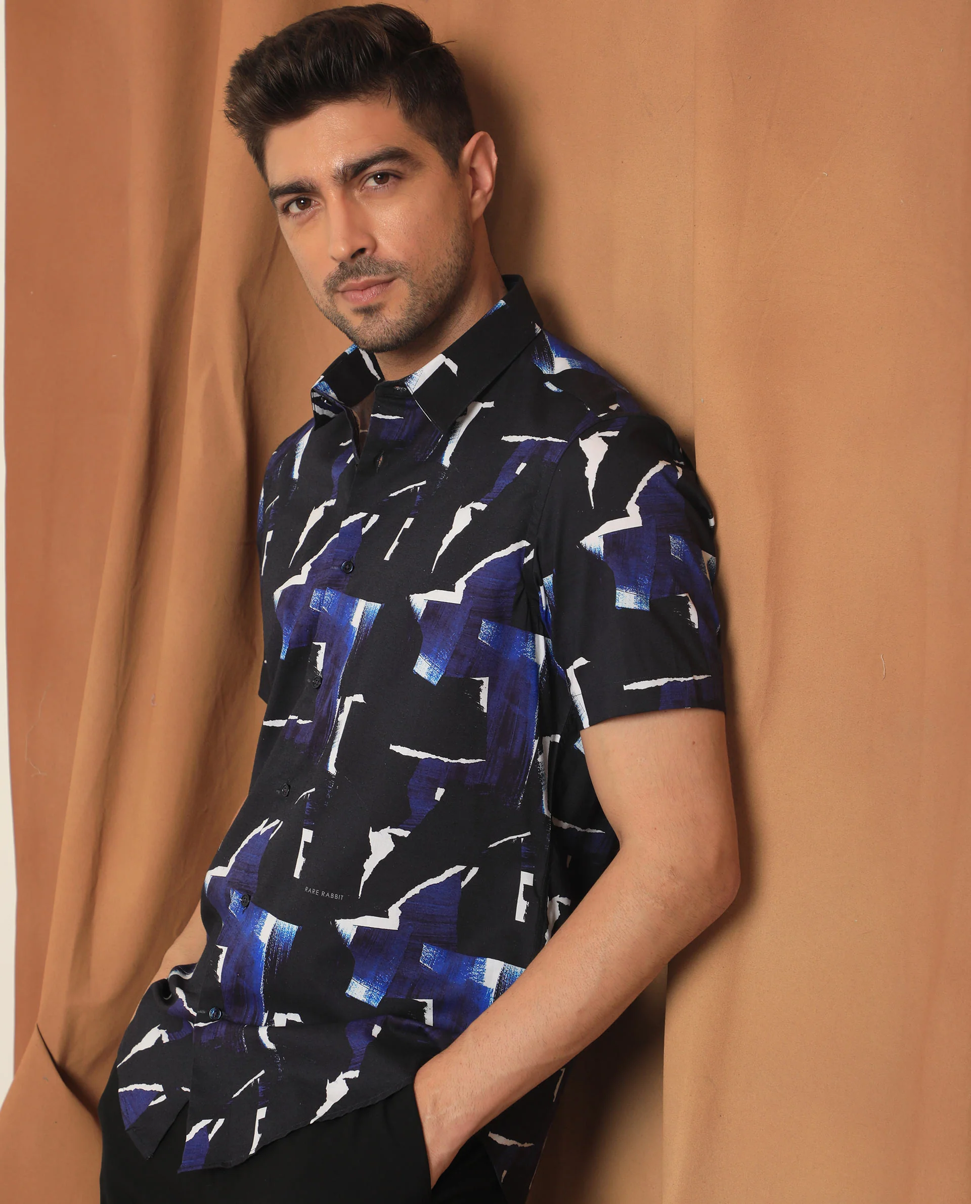 Rare Rabbit Men's Canva Blue Viscose Abstract Print Regular Fit Half Sleeve Collared Shirt - Image 6