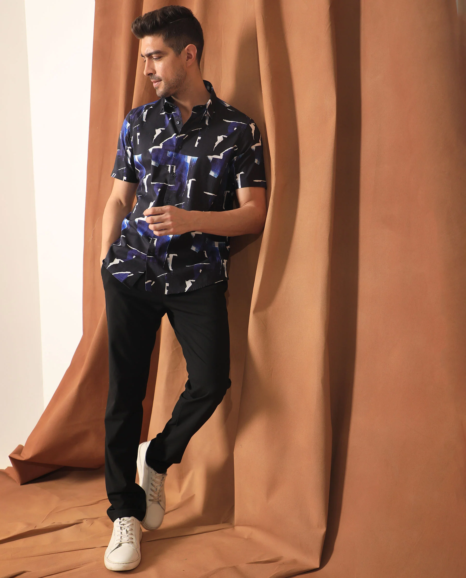 Rare Rabbit Men's Canva Blue Viscose Abstract Print Regular Fit Half Sleeve Collared Shirt - Image 7