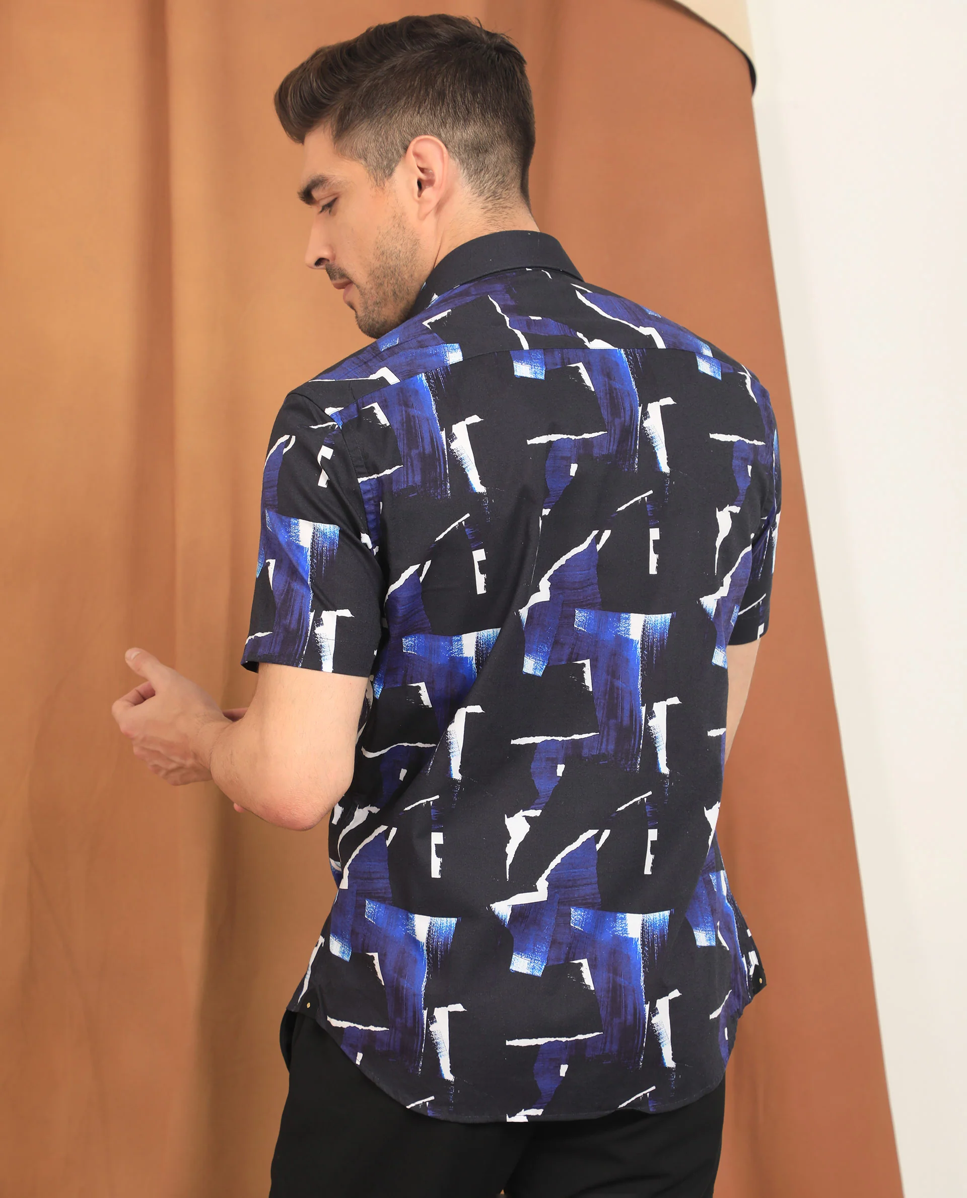 Rare Rabbit Men's Canva Blue Viscose Abstract Print Regular Fit Half Sleeve Collared Shirt - Image 8