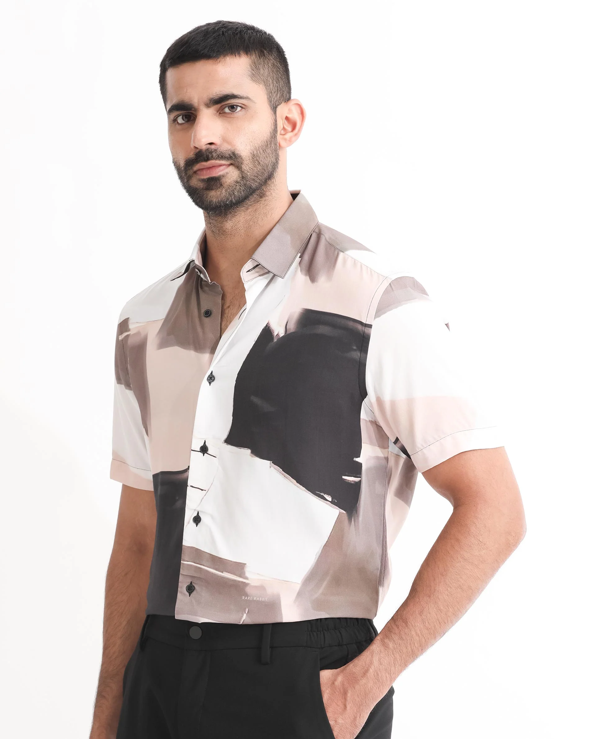 Rare Rabbit Men's Canvas Beige Viscose Abstract Print Regular Fit Half Sleeve Collared Shirt - Image 3