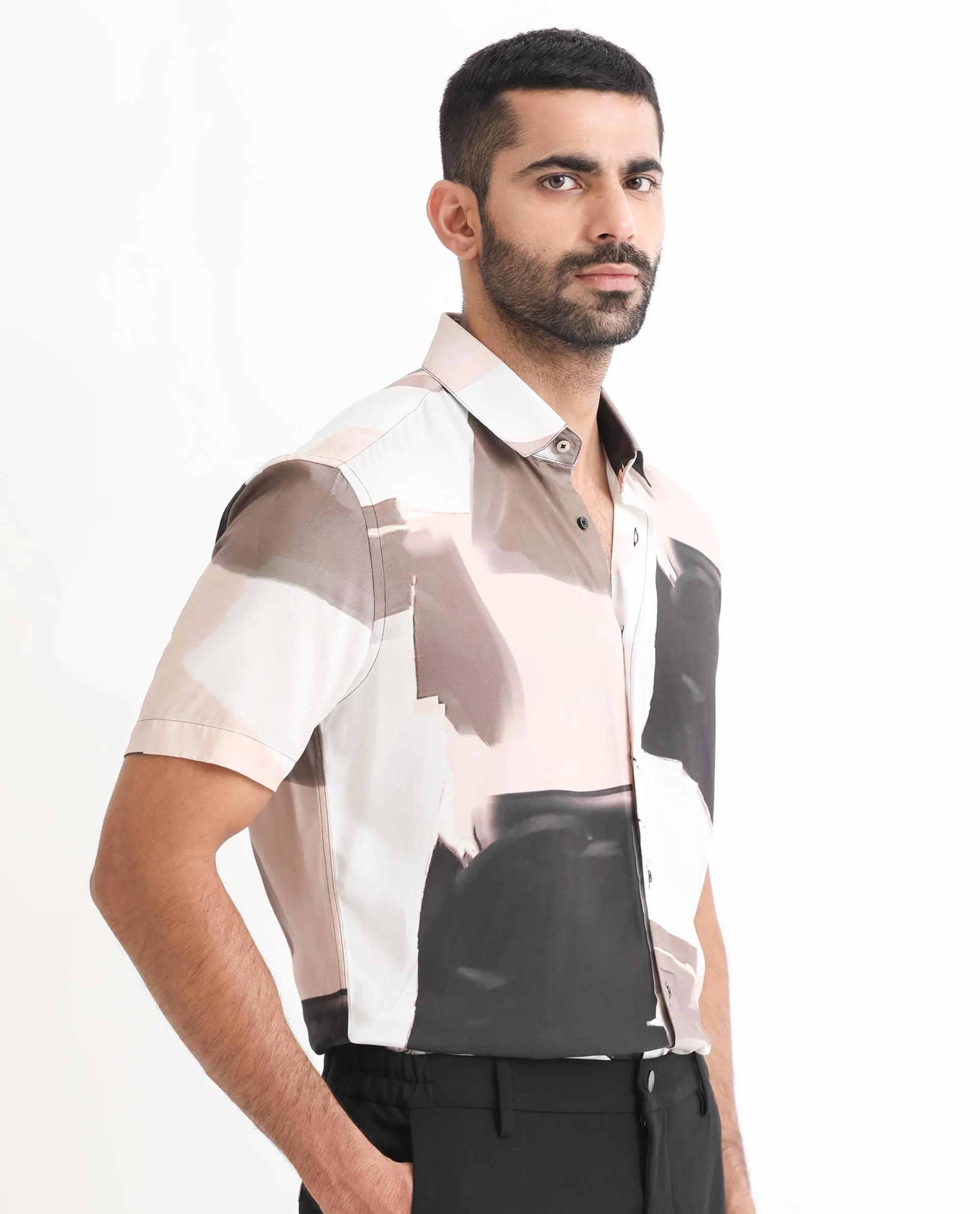 Rare Rabbit Men's Canvas Beige Viscose Abstract Print Regular Fit Half Sleeve Collared Shirt - Image 4