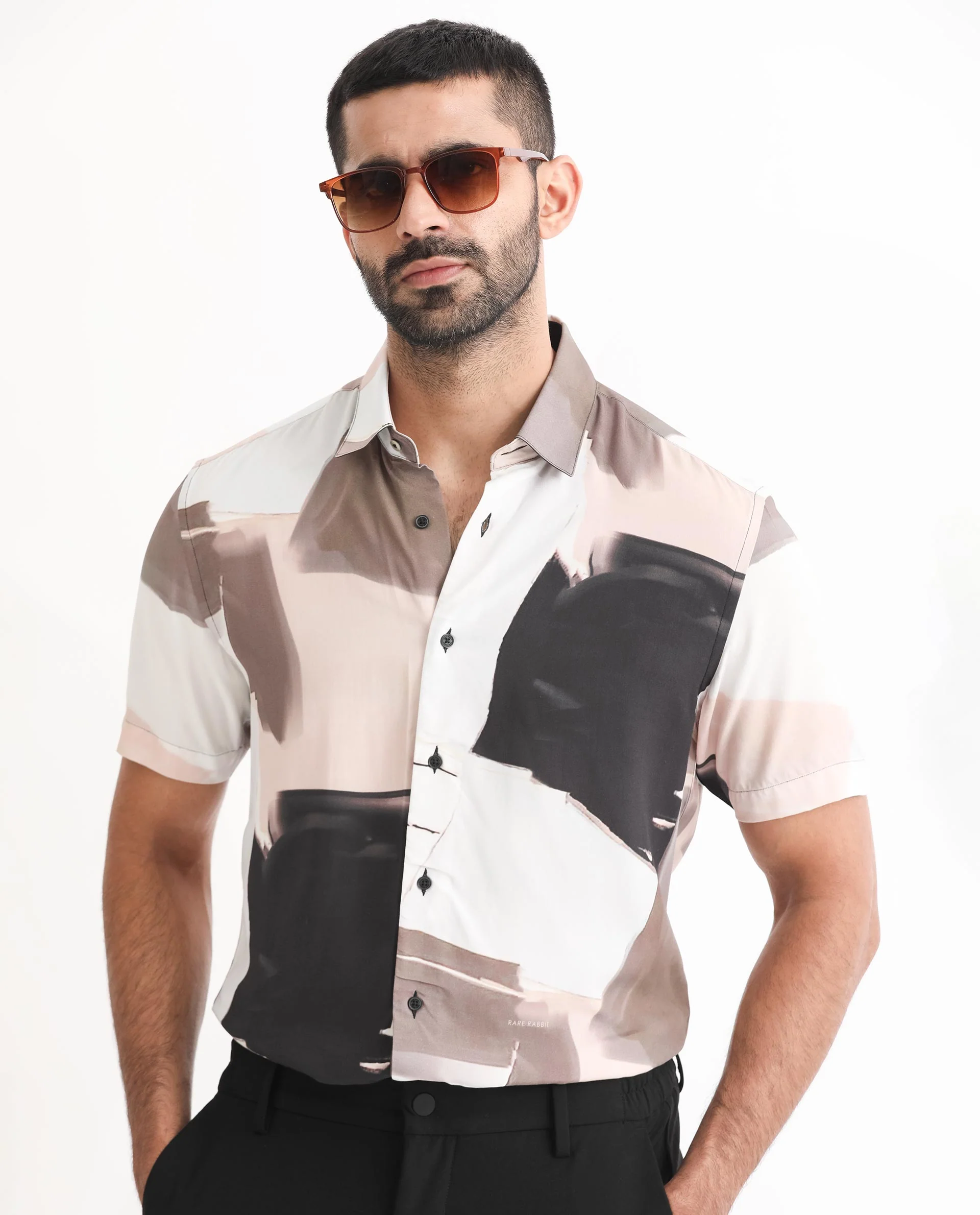 Rare Rabbit Men's Canvas Beige Viscose Abstract Print Regular Fit Half Sleeve Collared Shirt - Image 5