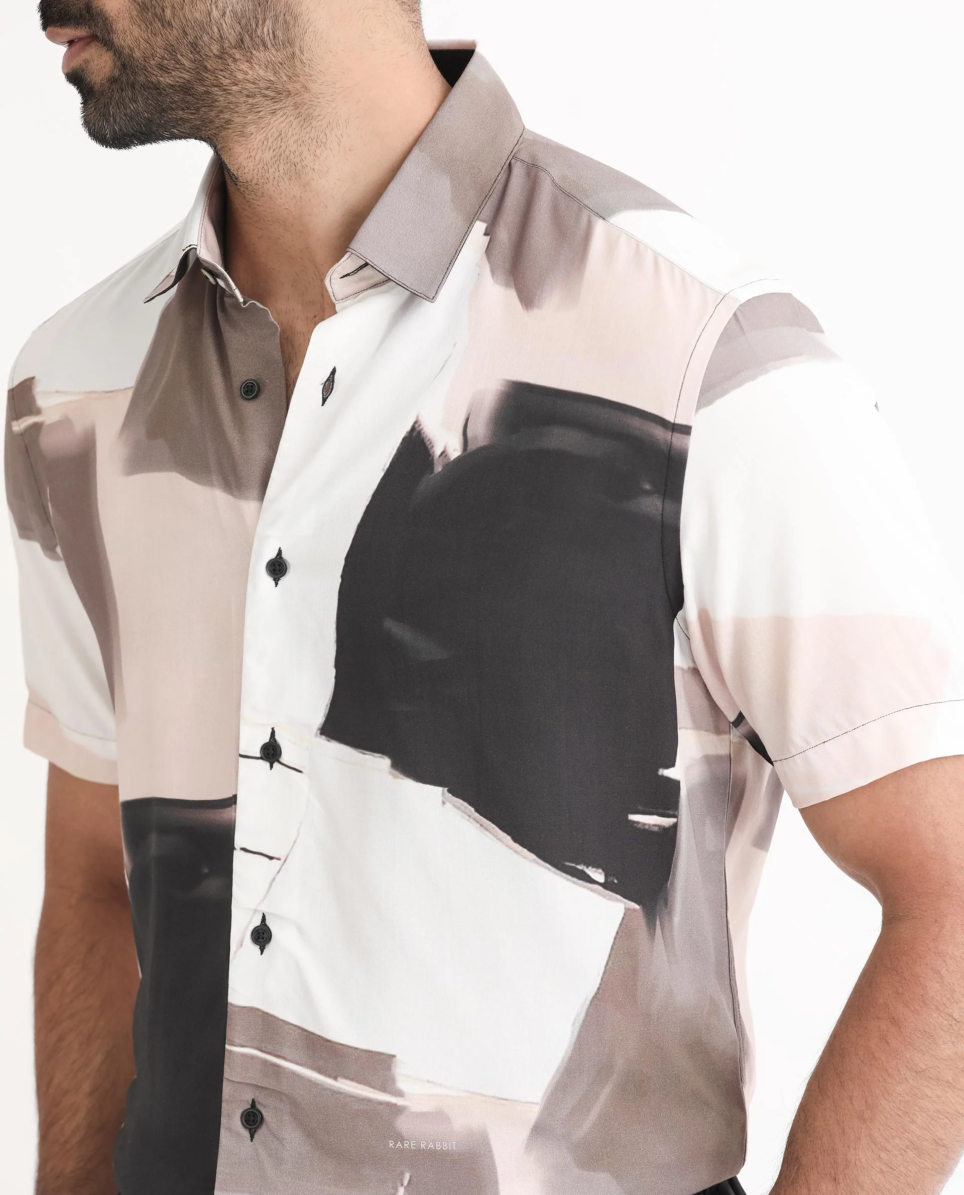 Rare Rabbit Men's Canvas Beige Viscose Abstract Print Regular Fit Half Sleeve Collared Shirt - Image 6