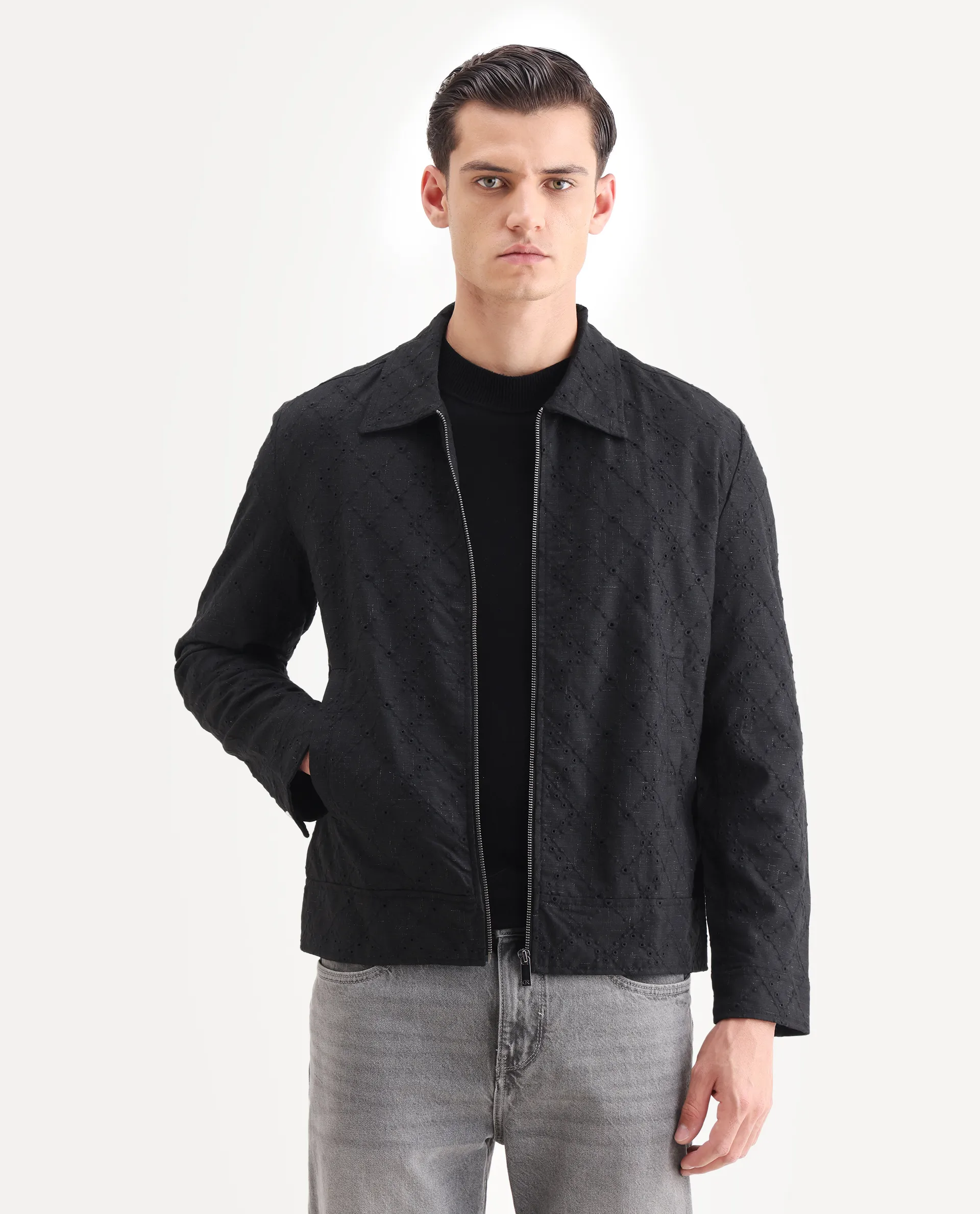 Rare Rabbit Men's Canyo Black Polyester Embroidered Relaxed Fit Full Sleeve Spread Collar Jacket