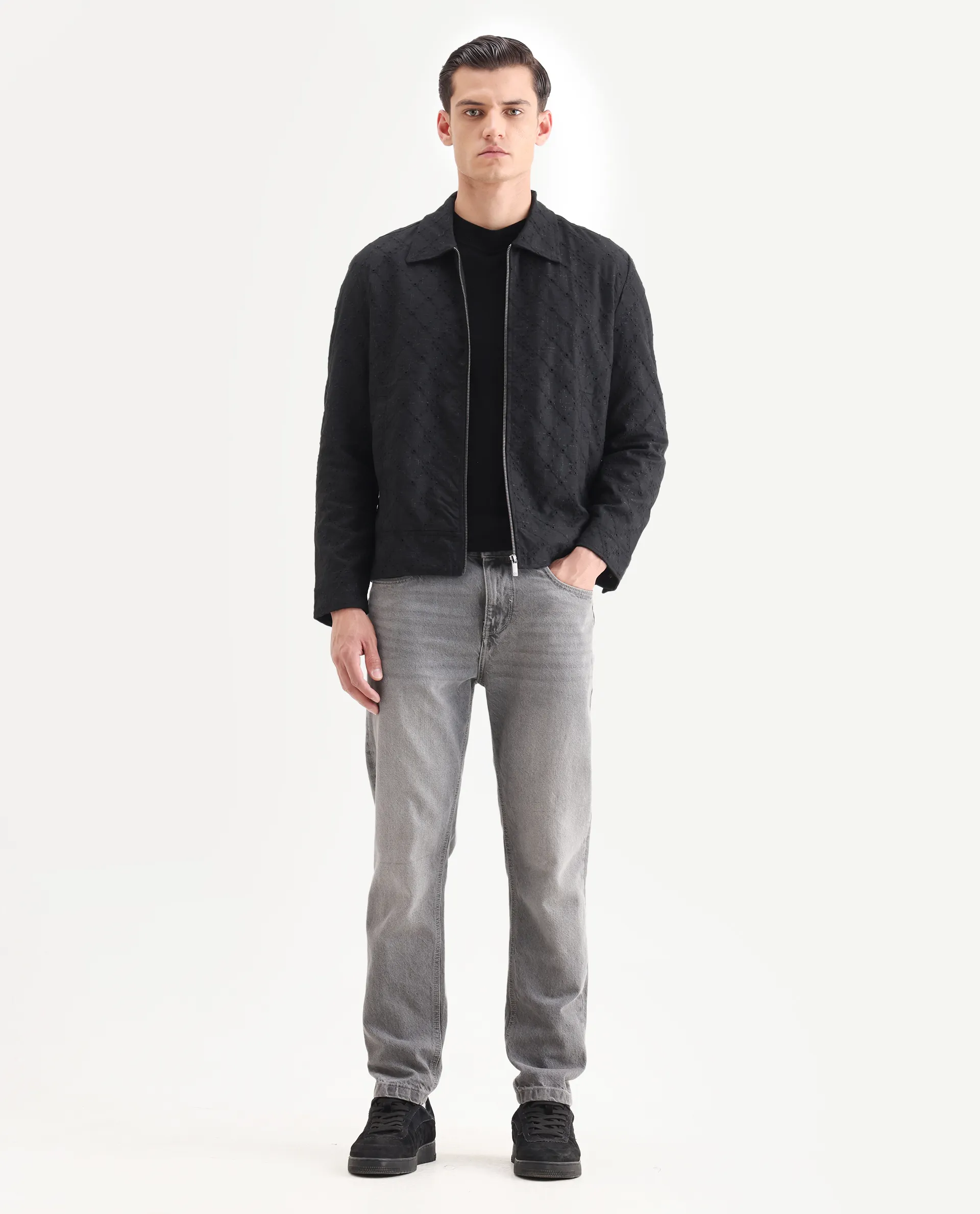 Rare Rabbit Men's Canyo Black Polyester Embroidered Relaxed Fit Full Sleeve Spread Collar Jacket - Image 2