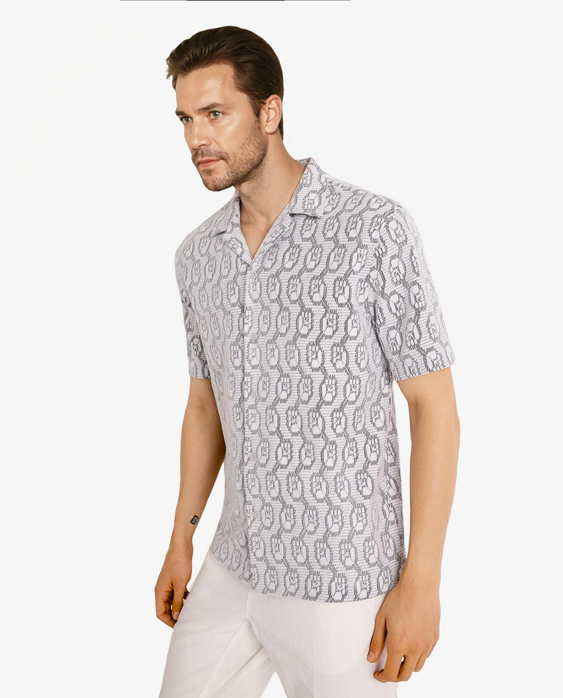 Rare Rabbit Men's Canyon Off White Cotton Blend Jacquard Boxy Fit Half Sleeve Cuban Collar Shirt - Image 2