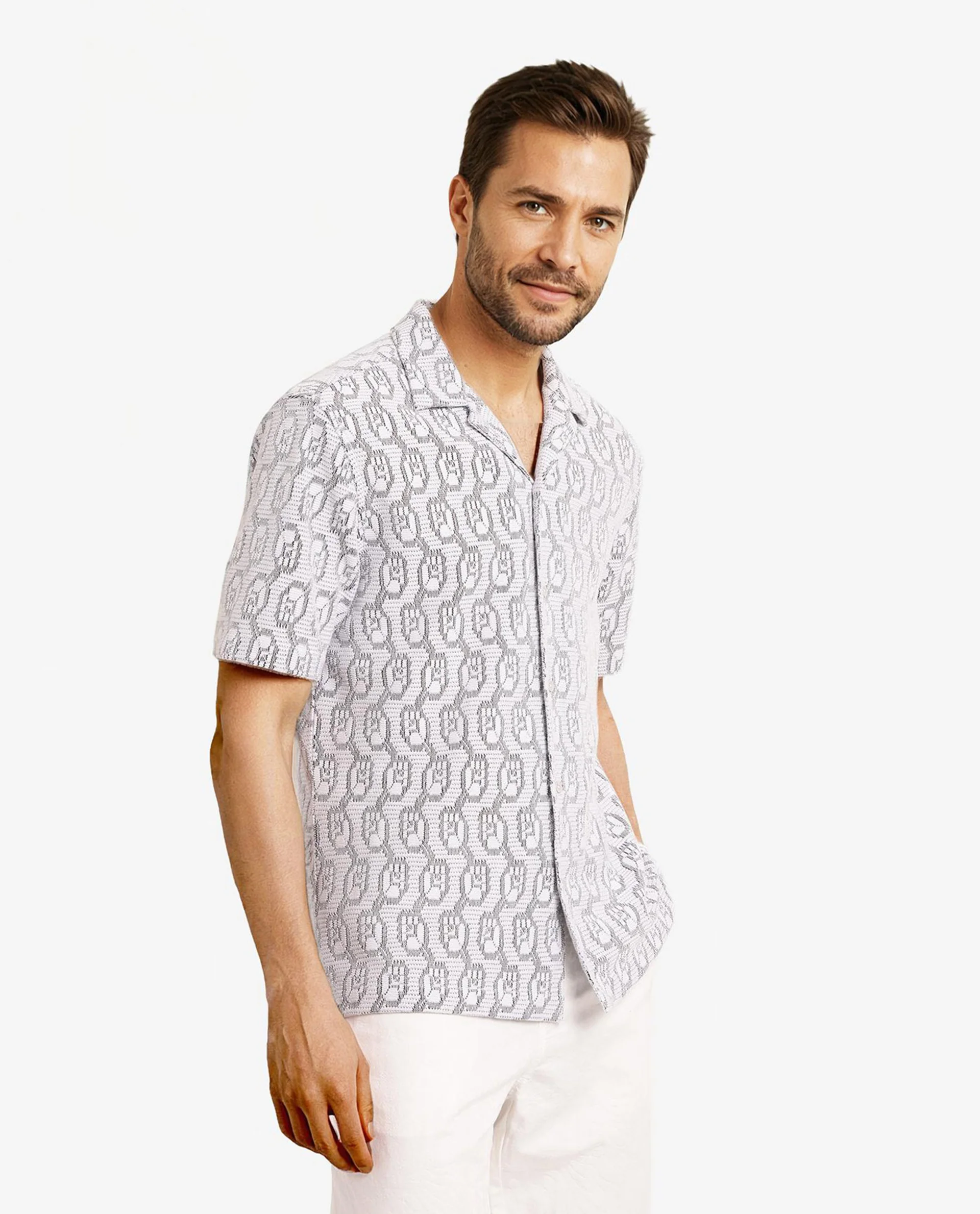 Rare Rabbit Men's Canyon Off White Cotton Blend Jacquard Boxy Fit Half Sleeve Cuban Collar Shirt - Image 4