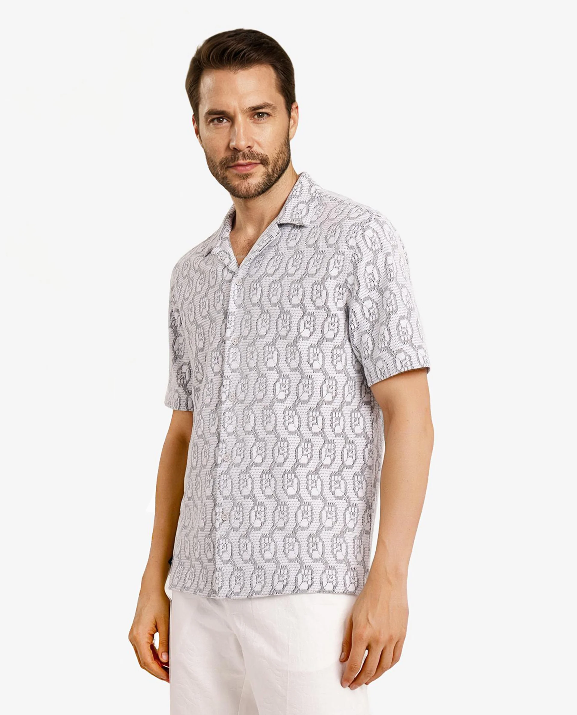 Rare Rabbit Men's Canyon Off White Cotton Blend Jacquard Boxy Fit Half Sleeve Cuban Collar Shirt - Image 5