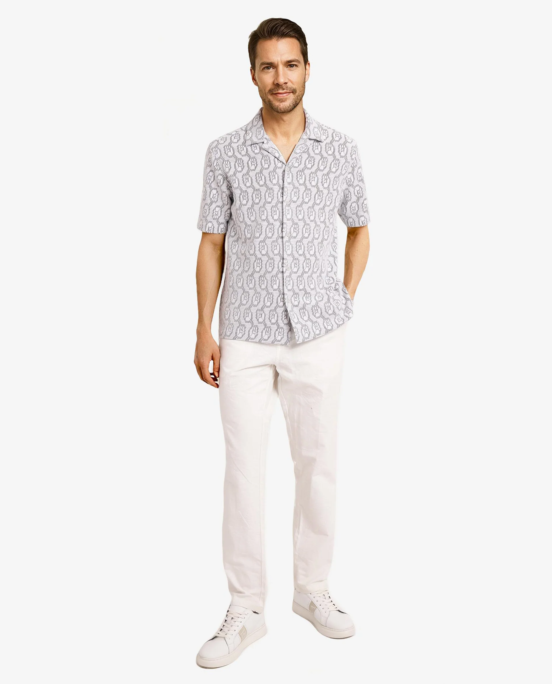 Rare Rabbit Men's Canyon Off White Cotton Blend Jacquard Boxy Fit Half Sleeve Cuban Collar Shirt - Image 6