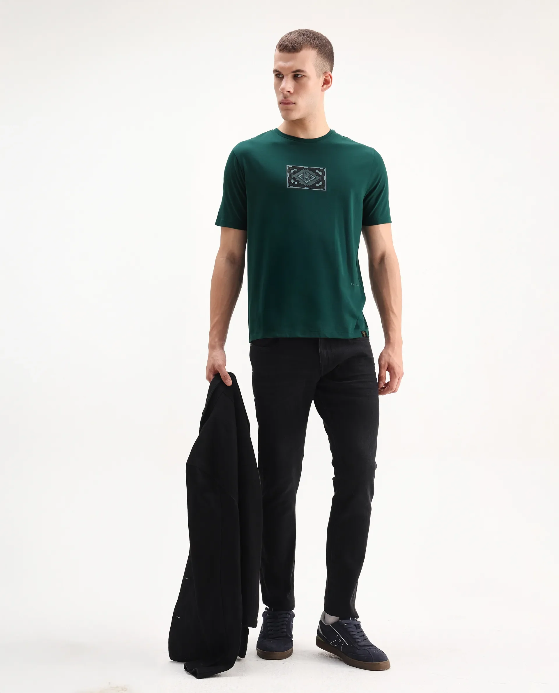 Rare Rabbit Men's Cap Dark Green Cotton Blend Graphic Print Regular Fit Half Sleeve Crew Neck T-Shirt - Image 2