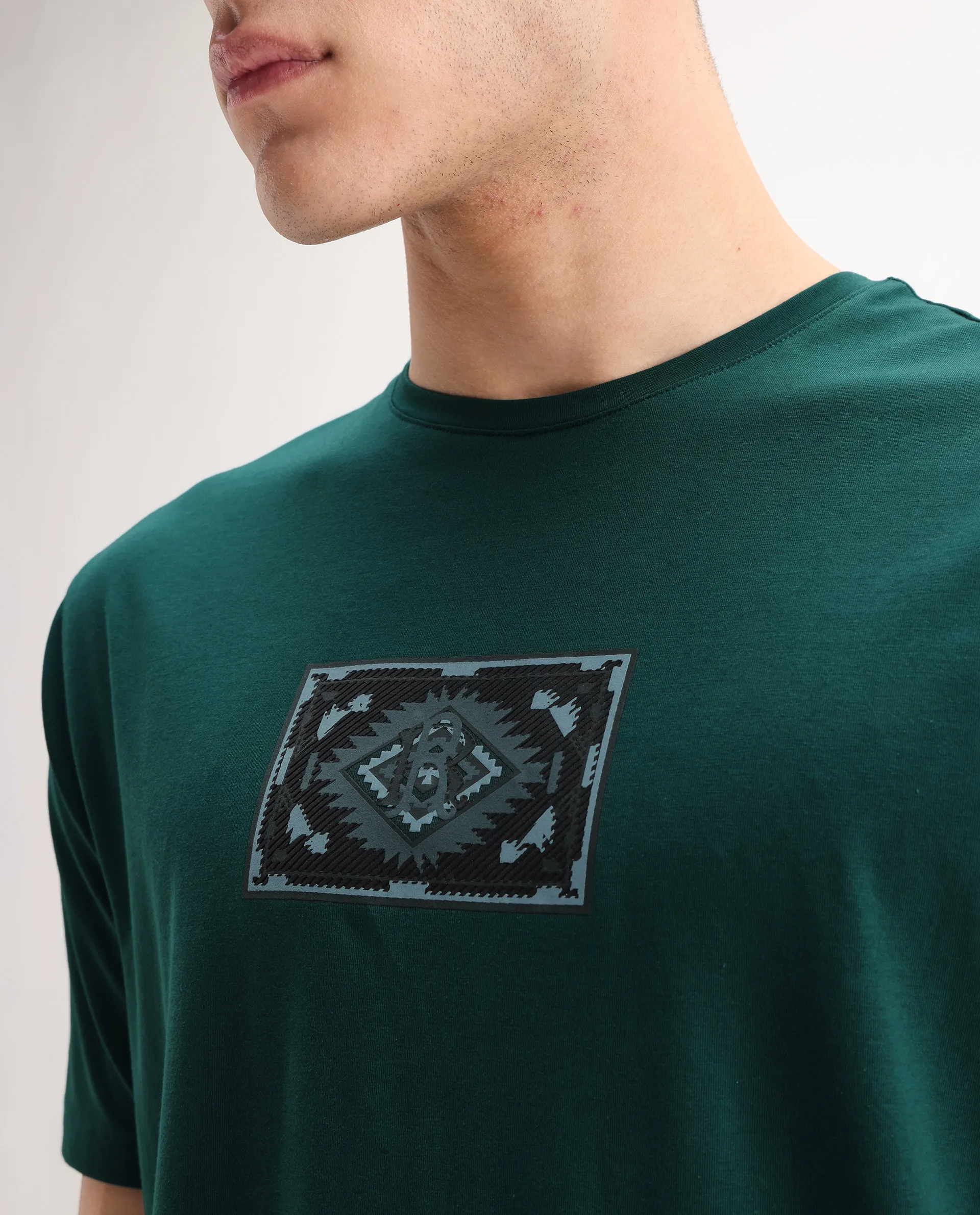 Rare Rabbit Men's Cap Dark Green Cotton Blend Graphic Print Regular Fit Half Sleeve Crew Neck T-Shirt - Image 3
