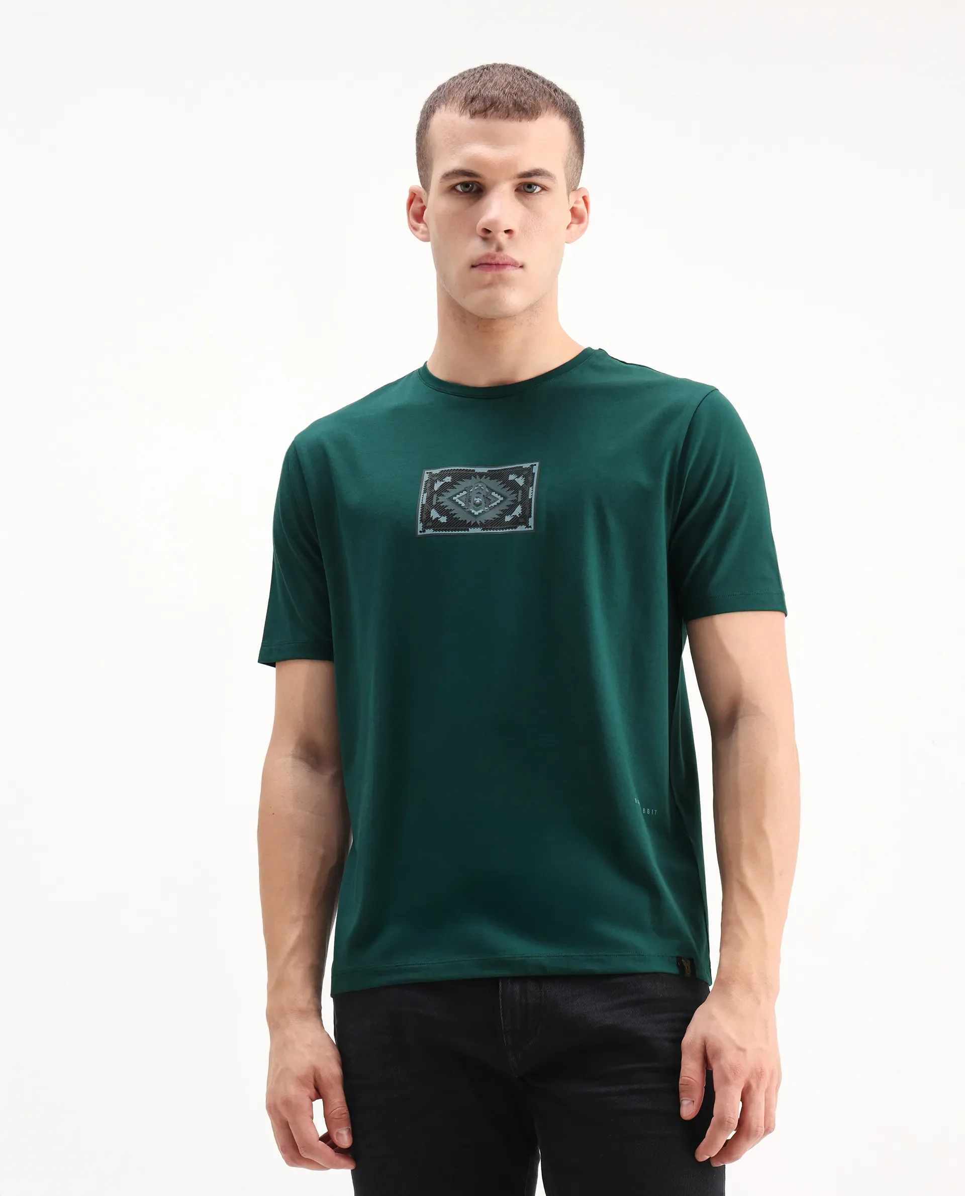 Rare Rabbit Men's Cap Dark Green Cotton Blend Graphic Print Regular Fit Half Sleeve Crew Neck T-Shirt - Image 4