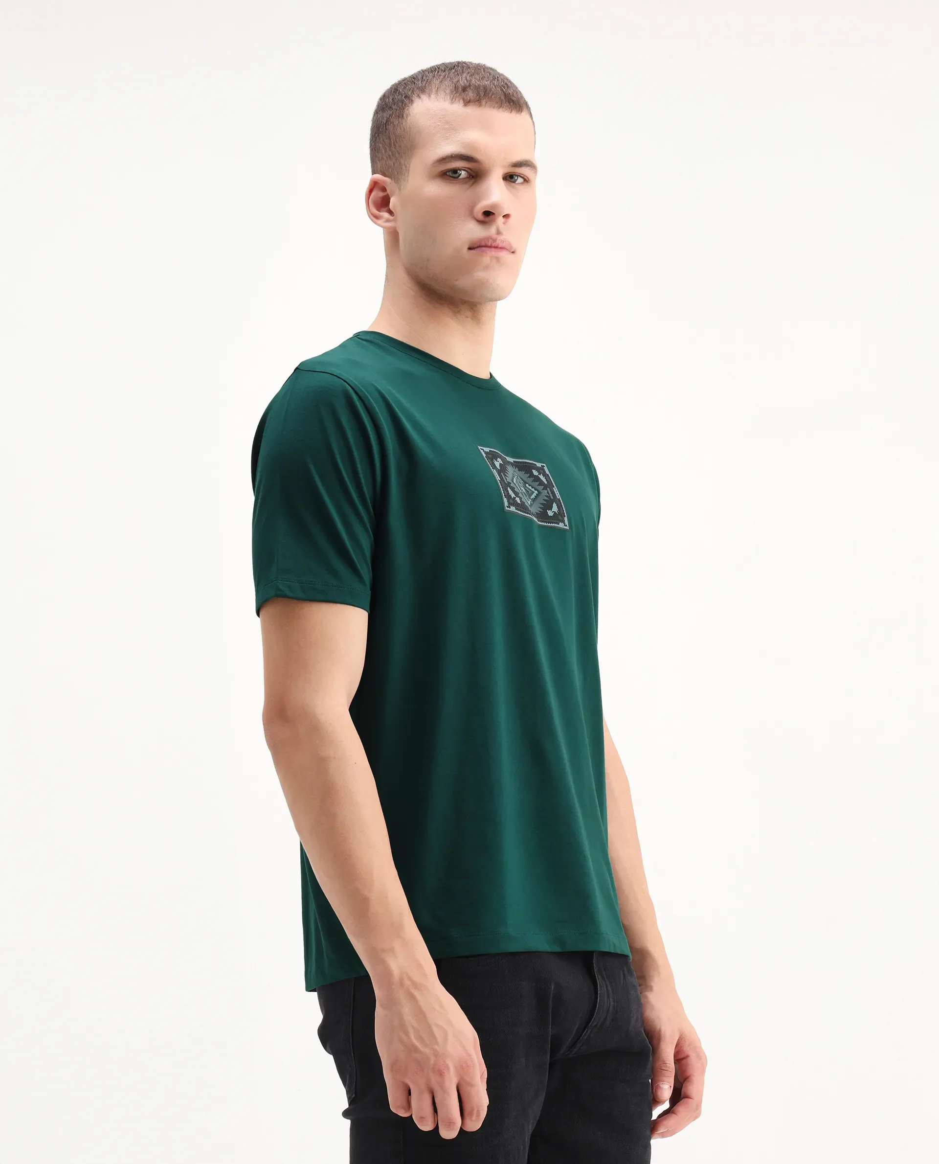 Rare Rabbit Men's Cap Dark Green Cotton Blend Graphic Print Regular Fit Half Sleeve Crew Neck T-Shirt - Image 5
