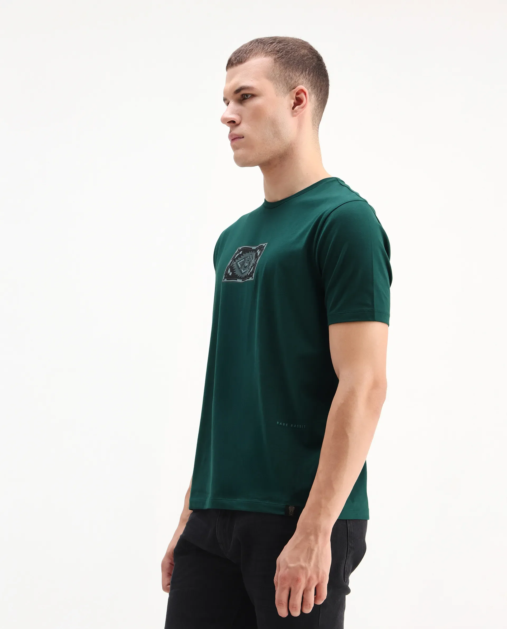 Rare Rabbit Men's Cap Dark Green Cotton Blend Graphic Print Regular Fit Half Sleeve Crew Neck T-Shirt - Image 6