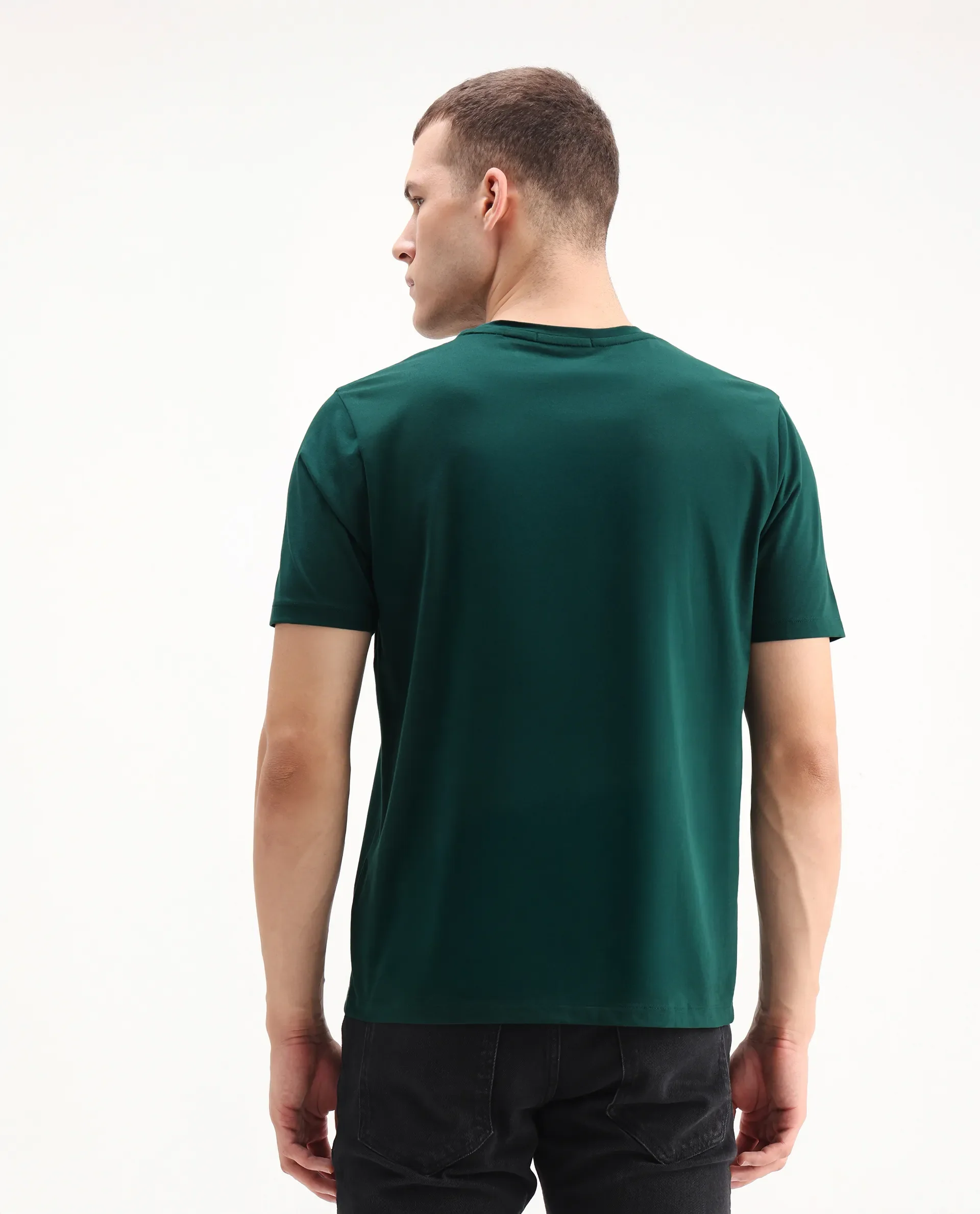 Rare Rabbit Men's Cap Dark Green Cotton Blend Graphic Print Regular Fit Half Sleeve Crew Neck T-Shirt - Image 7
