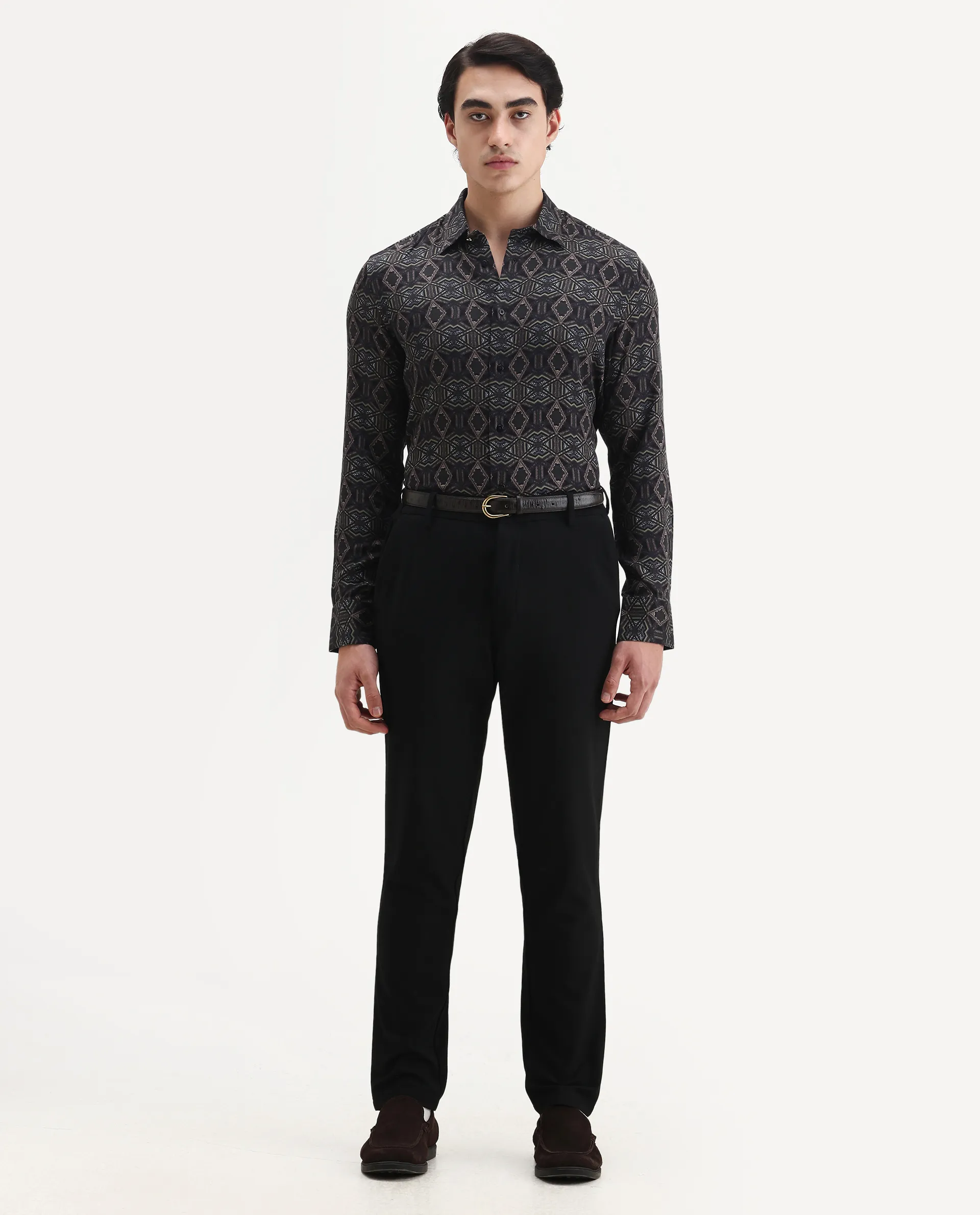 Rare Rabbit Men's Guild Statement Capel Black Viscose Geometric Print Regular Fit Full Sleeve Collared Shirt - Image 2