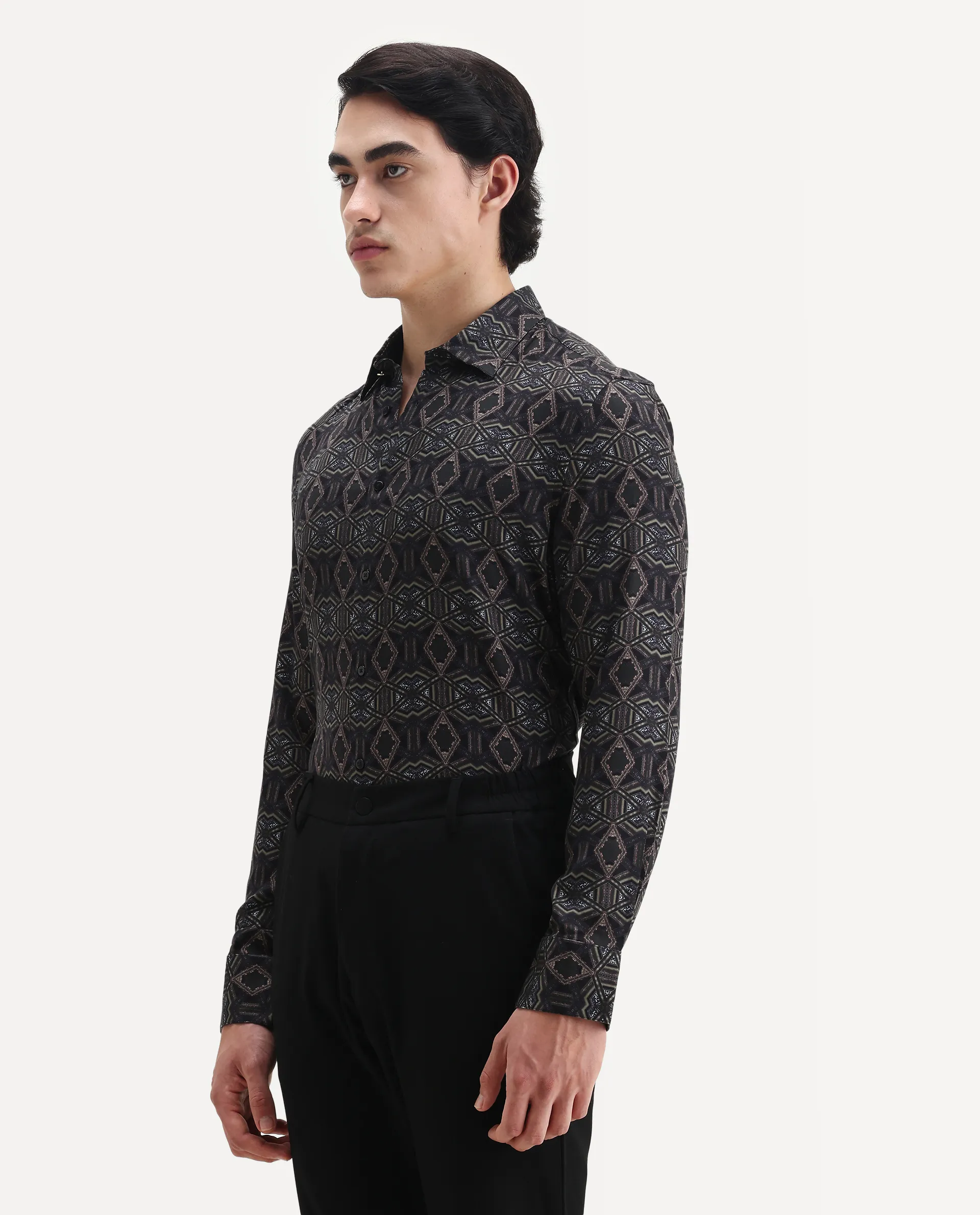 Rare Rabbit Men's Guild Statement Capel Black Viscose Geometric Print Regular Fit Full Sleeve Collared Shirt - Image 5