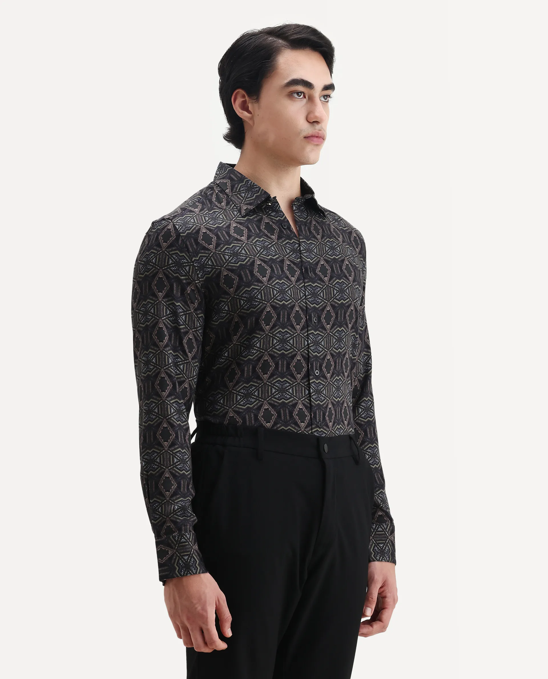 Rare Rabbit Men's Guild Statement Capel Black Viscose Geometric Print Regular Fit Full Sleeve Collared Shirt - Image 6