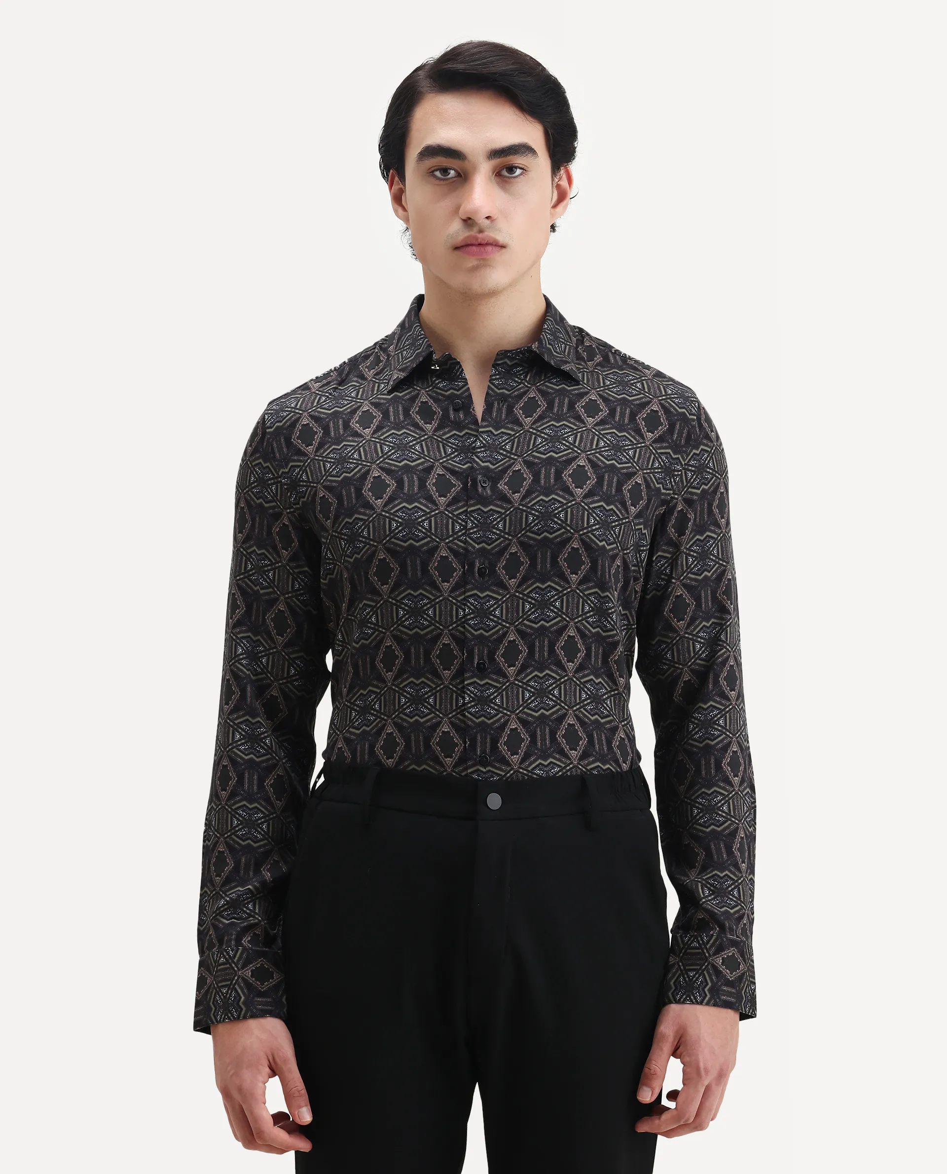 Rare Rabbit Men's Guild Statement Capel Black Viscose Geometric Print Regular Fit Full Sleeve Collared Shirt - Image 7