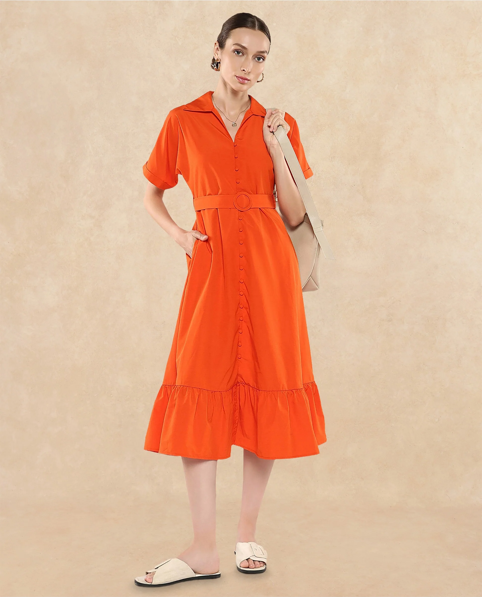 Rareism Women's Capetow Rust Cotton Johnny Collar Plain Extended Sleeves Midi A-Line Dress