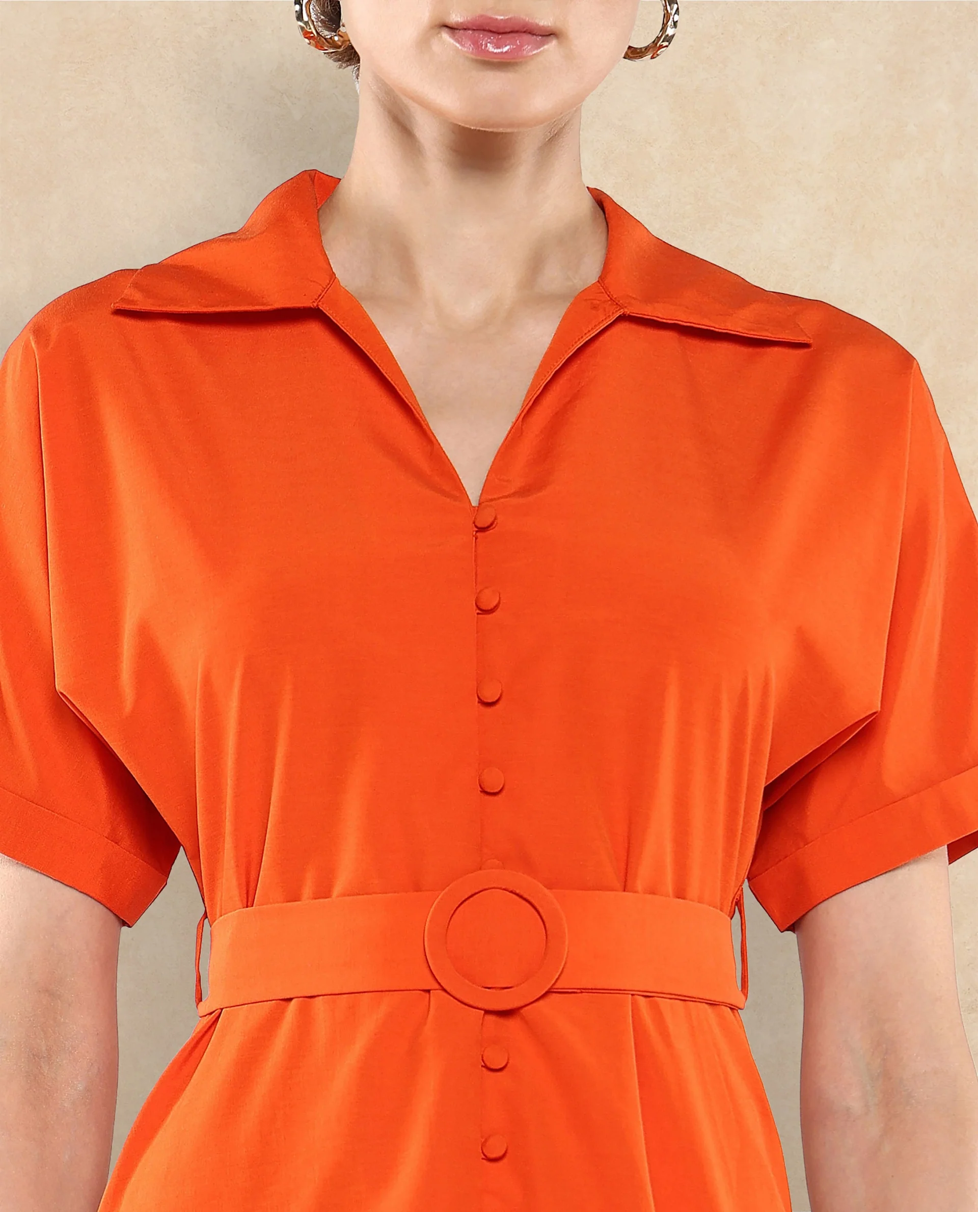 Rareism Women's Capetow Rust Cotton Johnny Collar Plain Extended Sleeves Midi A-Line Dress - Image 2