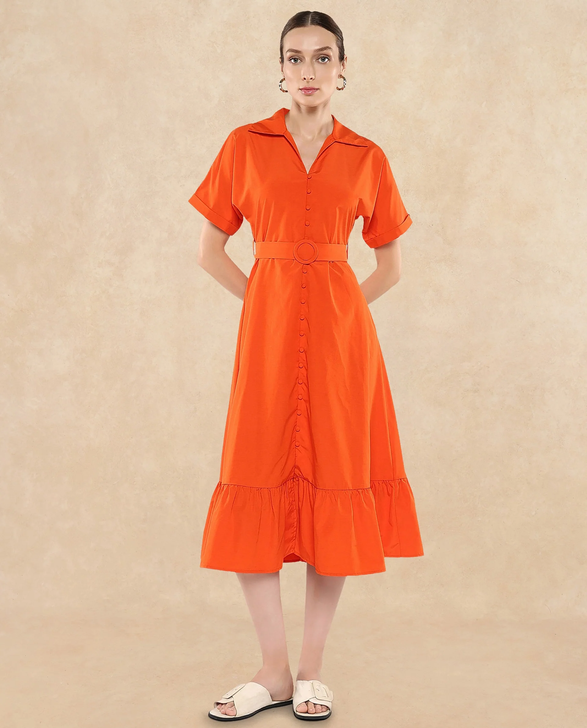 Rareism Women's Capetow Rust Cotton Johnny Collar Plain Extended Sleeves Midi A-Line Dress - Image 3