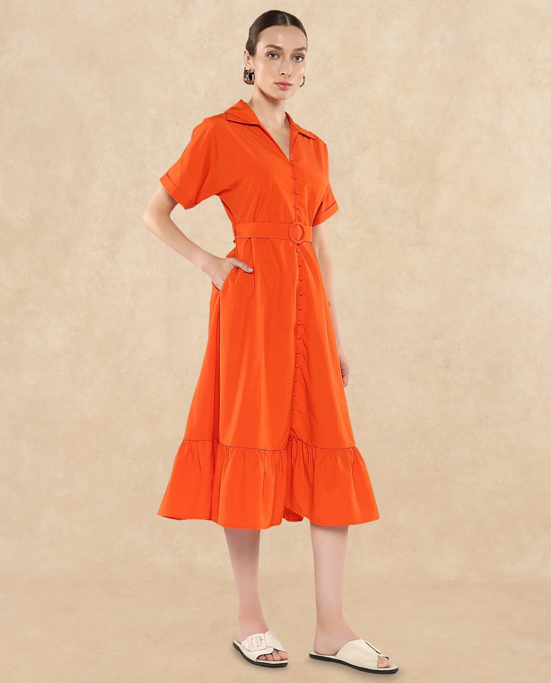 Rareism Women's Capetow Rust Cotton Johnny Collar Plain Extended Sleeves Midi A-Line Dress - Image 4