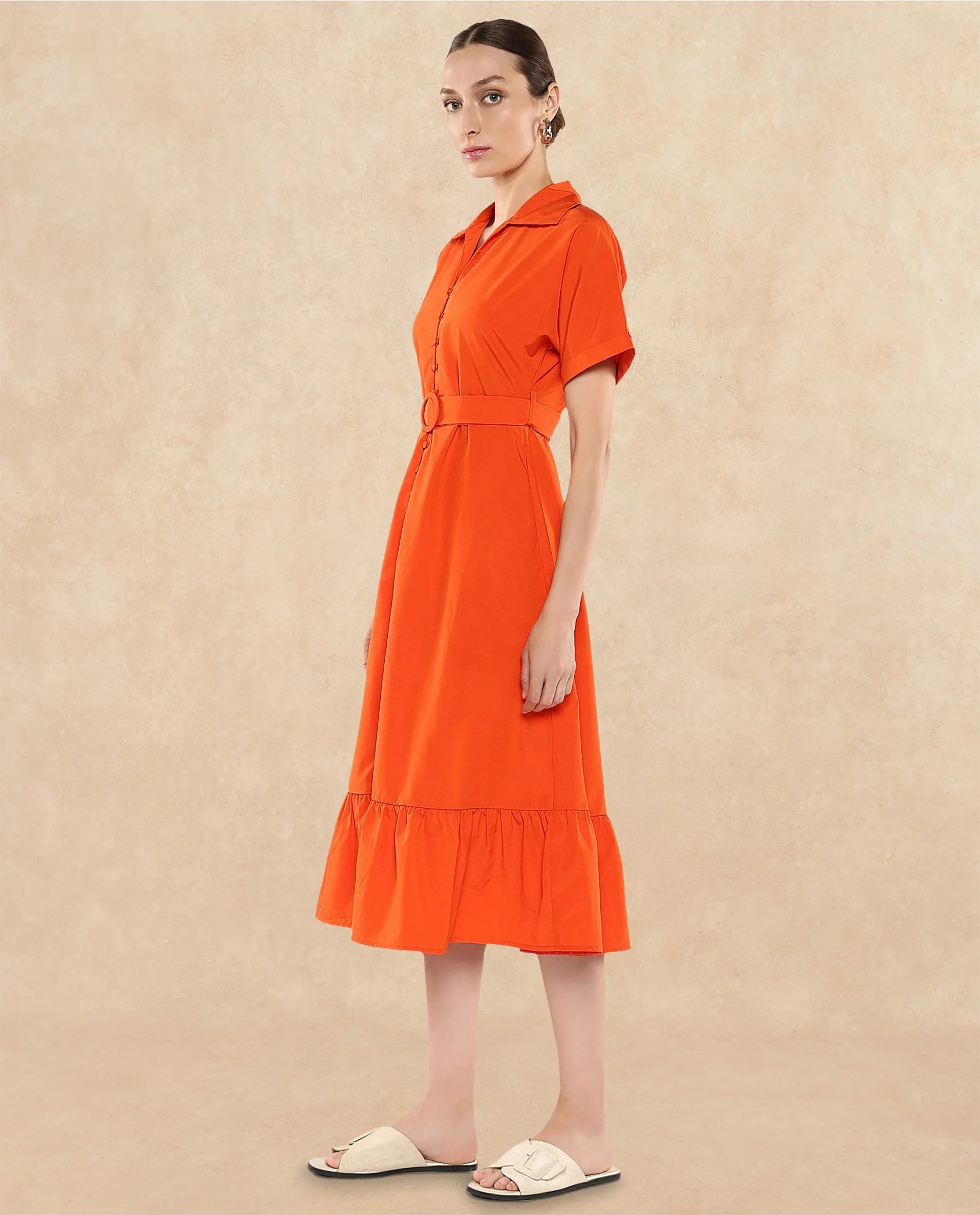 Rareism Women's Capetow Rust Cotton Johnny Collar Plain Extended Sleeves Midi A-Line Dress - Image 5