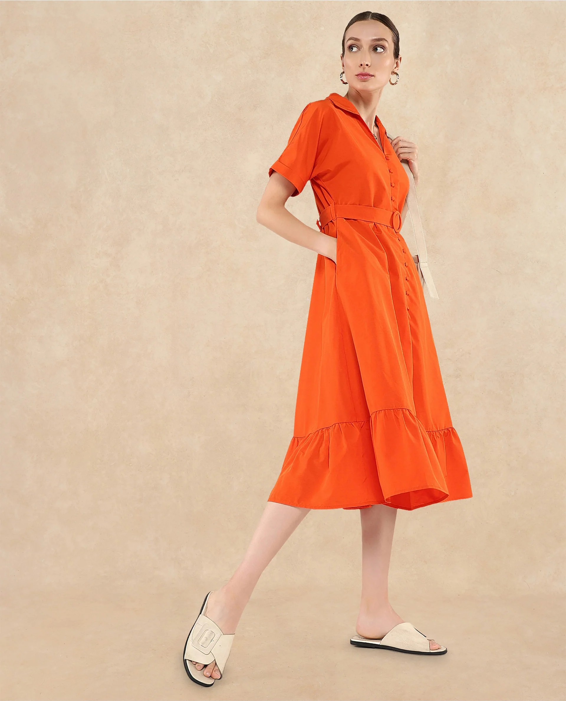 Rareism Women's Capetow Rust Cotton Johnny Collar Plain Extended Sleeves Midi A-Line Dress - Image 6