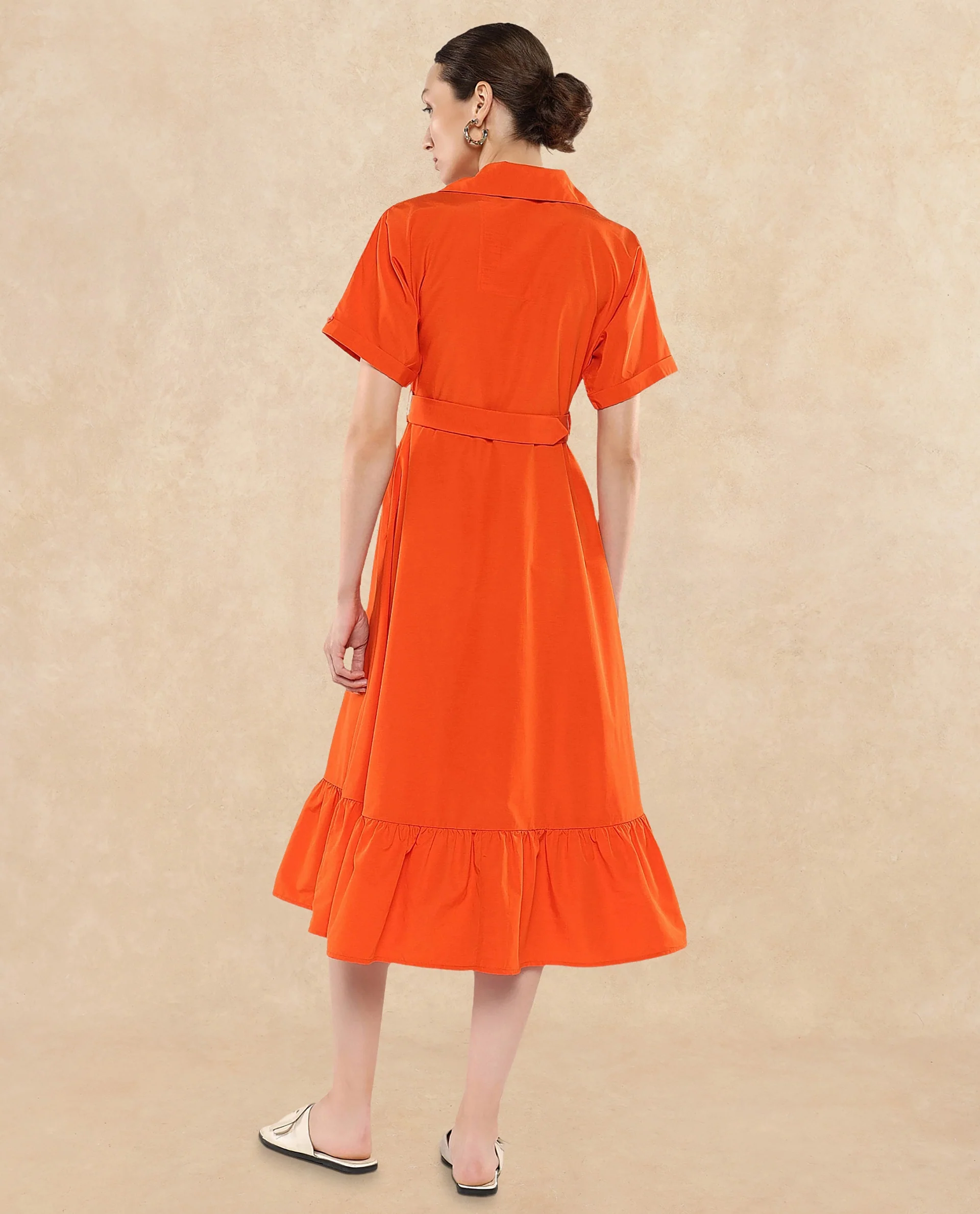 Rareism Women's Capetow Rust Cotton Johnny Collar Plain Extended Sleeves Midi A-Line Dress - Image 7