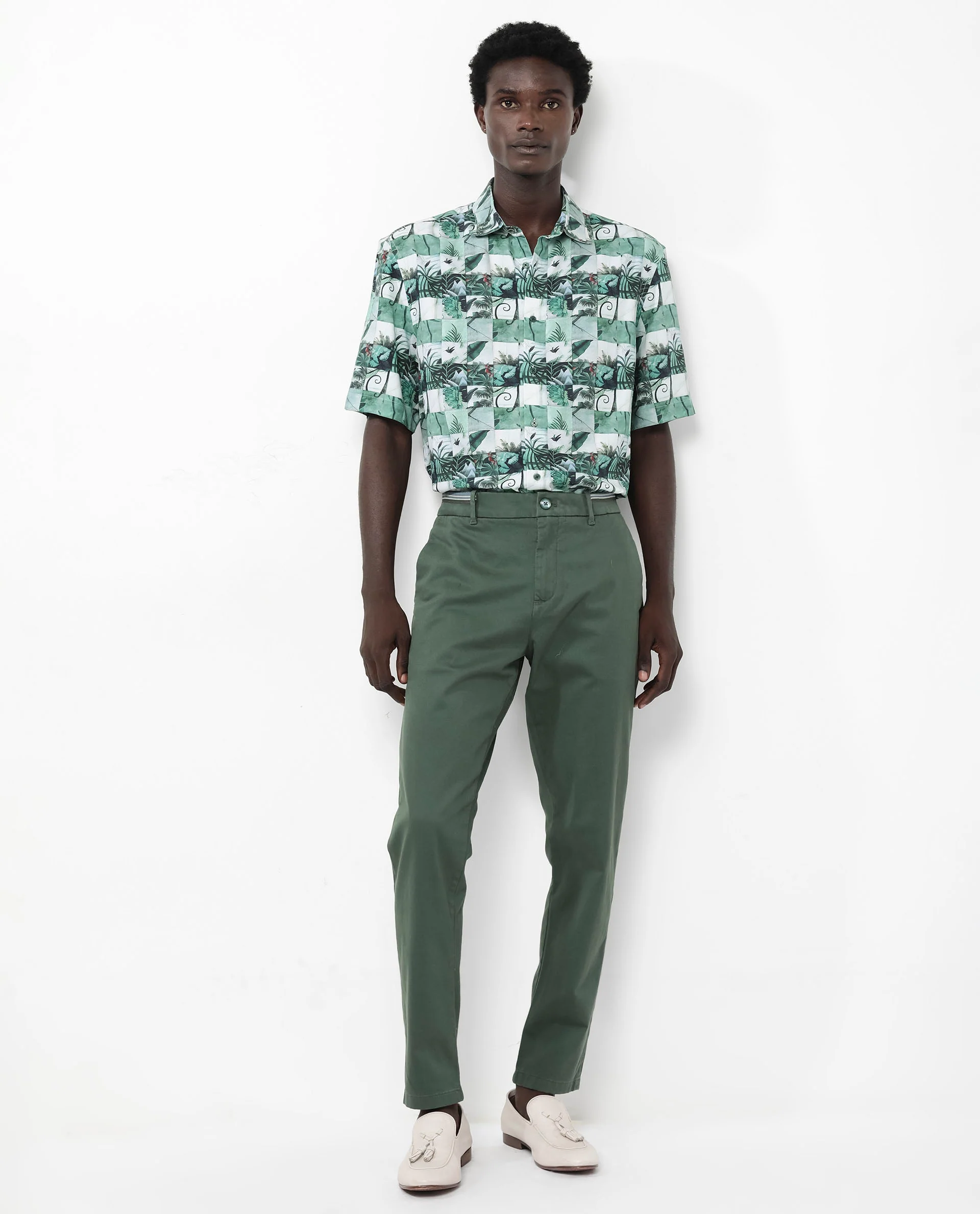 Rare Rabbit Men's Caph Green Viscose Tropical Print Boxy Fit Half Sleeve Collared Shirt - Image 2