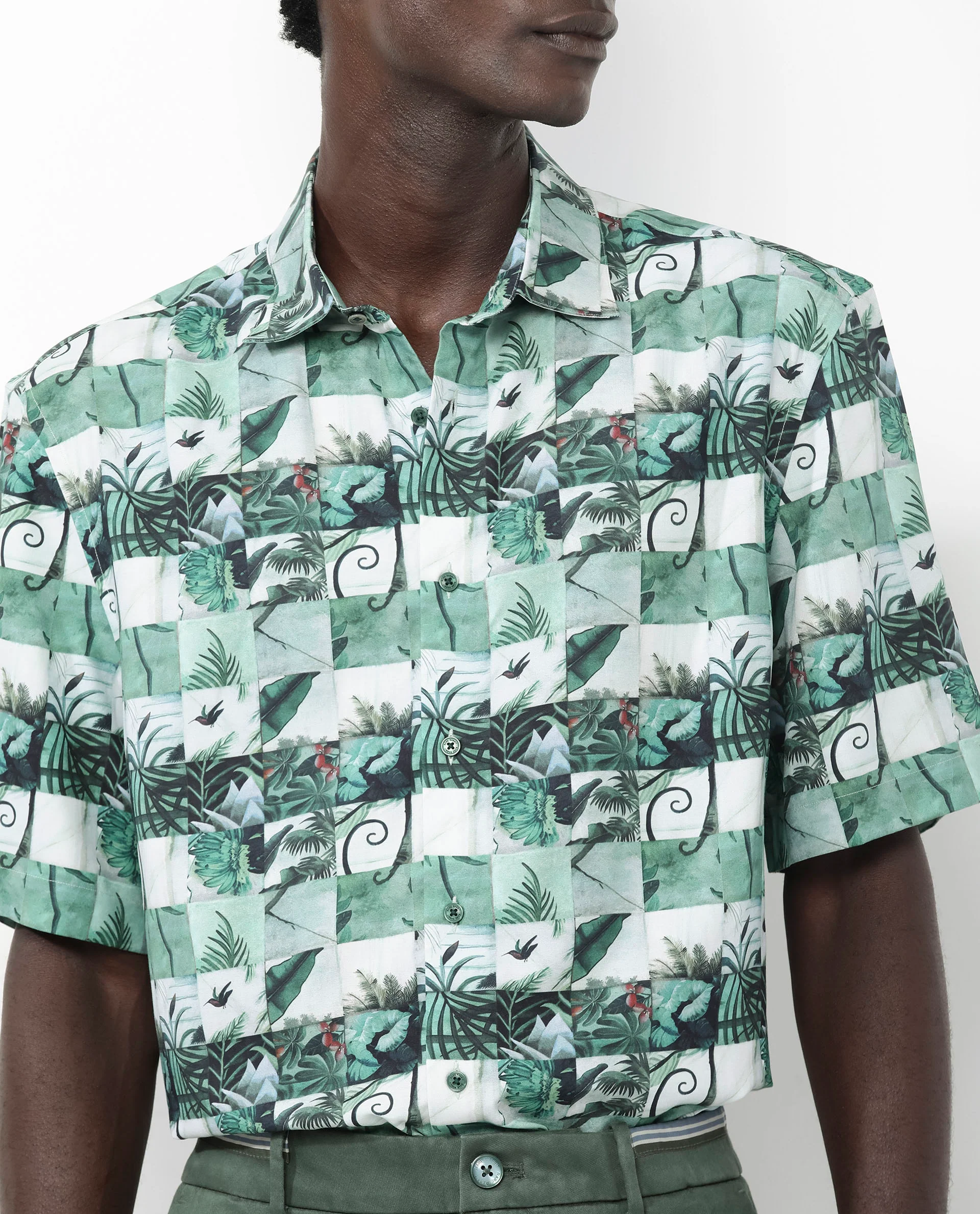 Rare Rabbit Men's Caph Green Viscose Tropical Print Boxy Fit Half Sleeve Collared Shirt - Image 3