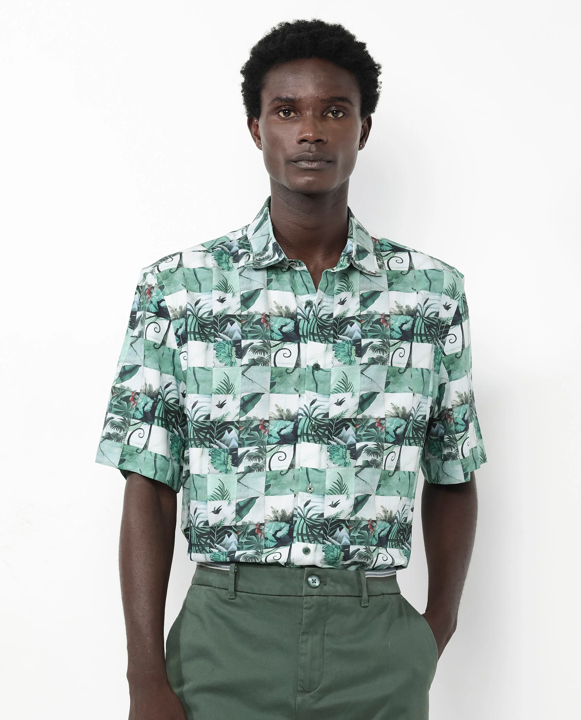 Rare Rabbit Men's Caph Green Viscose Tropical Print Boxy Fit Half Sleeve Collared Shirt - Image 4