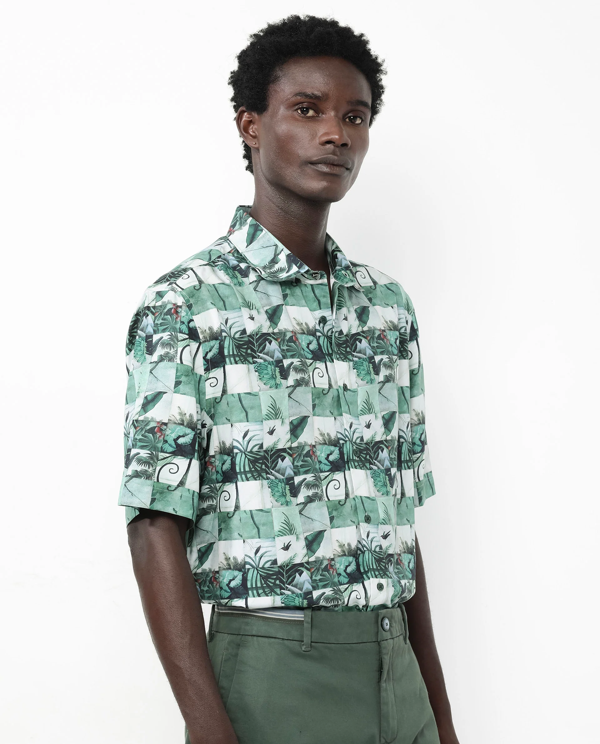 Rare Rabbit Men's Caph Green Viscose Tropical Print Boxy Fit Half Sleeve Collared Shirt - Image 6