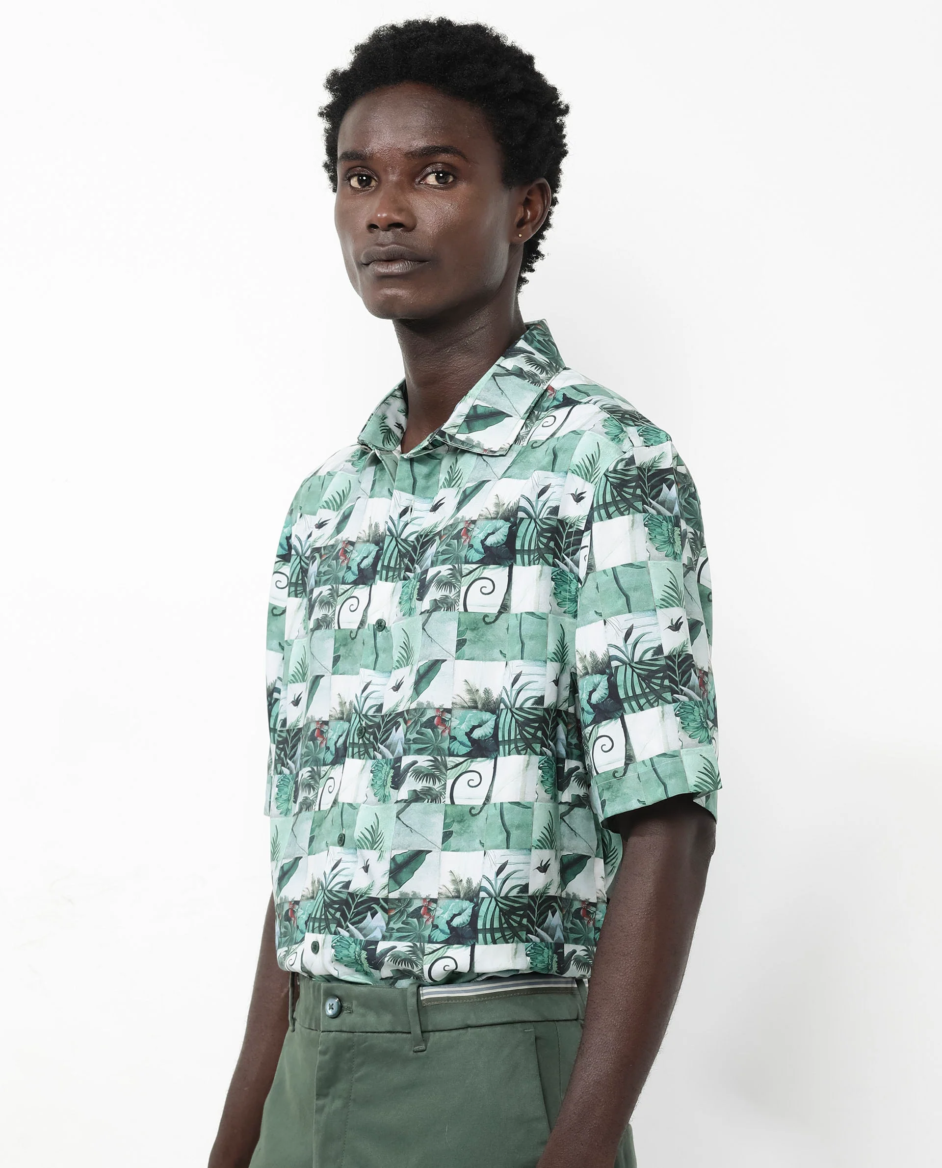 Rare Rabbit Men's Caph Green Viscose Tropical Print Boxy Fit Half Sleeve Collared Shirt - Image 8