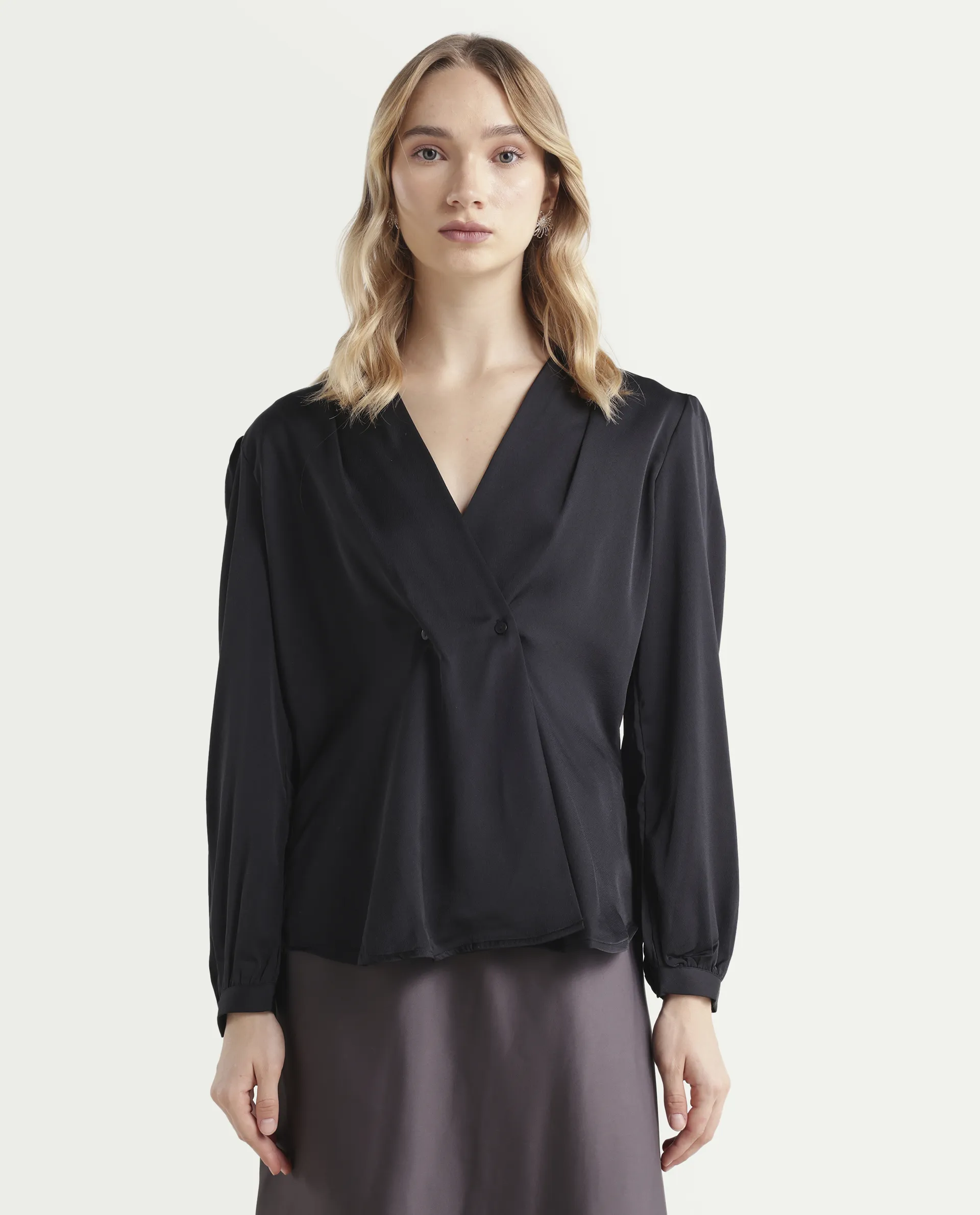 Rareism Women's Caplan Black Polyester Overlap Neck Plain Bishop Sleeve Regular Fit Top - Image 3