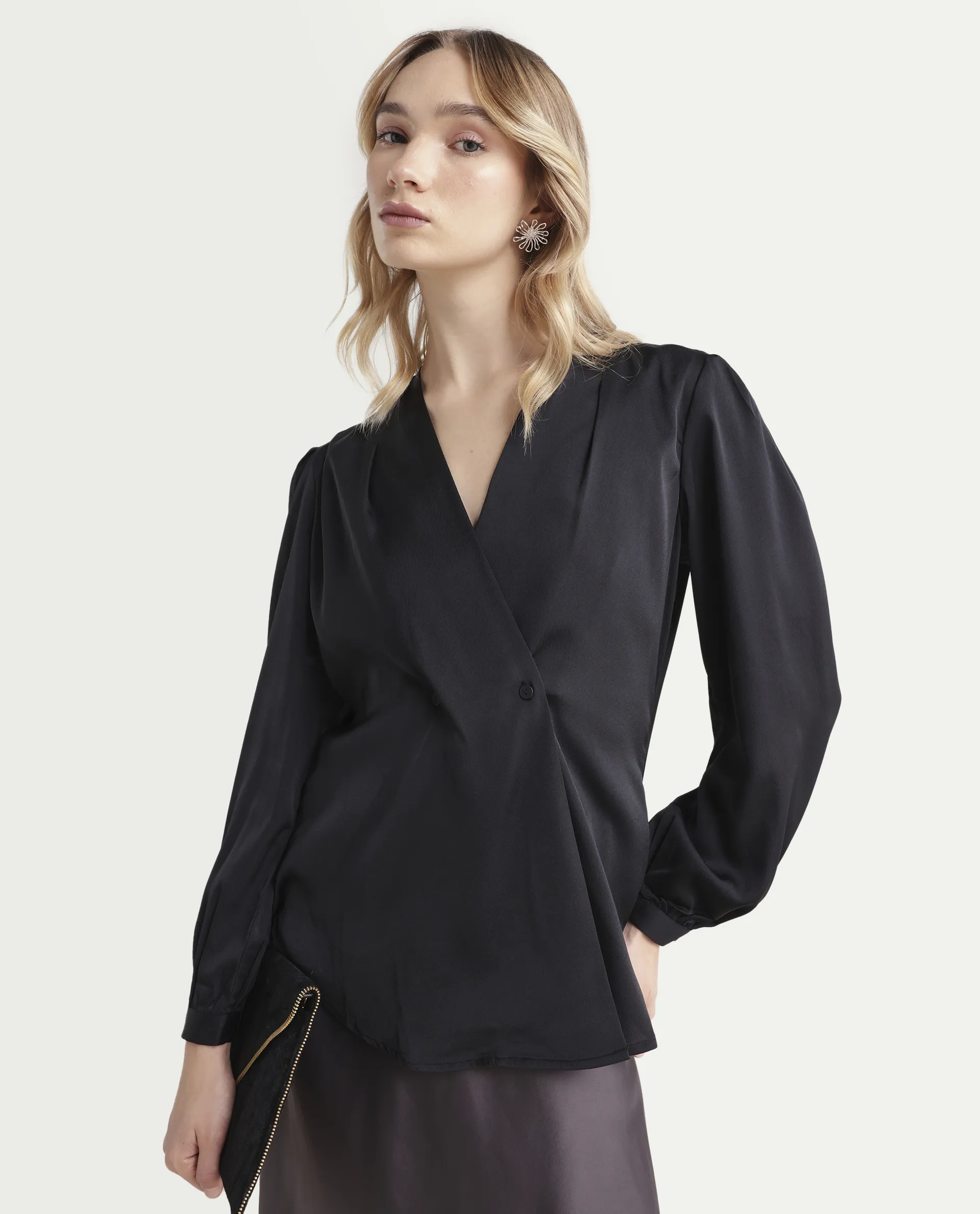 Rareism Women's Caplan Black Polyester Overlap Neck Plain Bishop Sleeve Regular Fit Top - Image 4