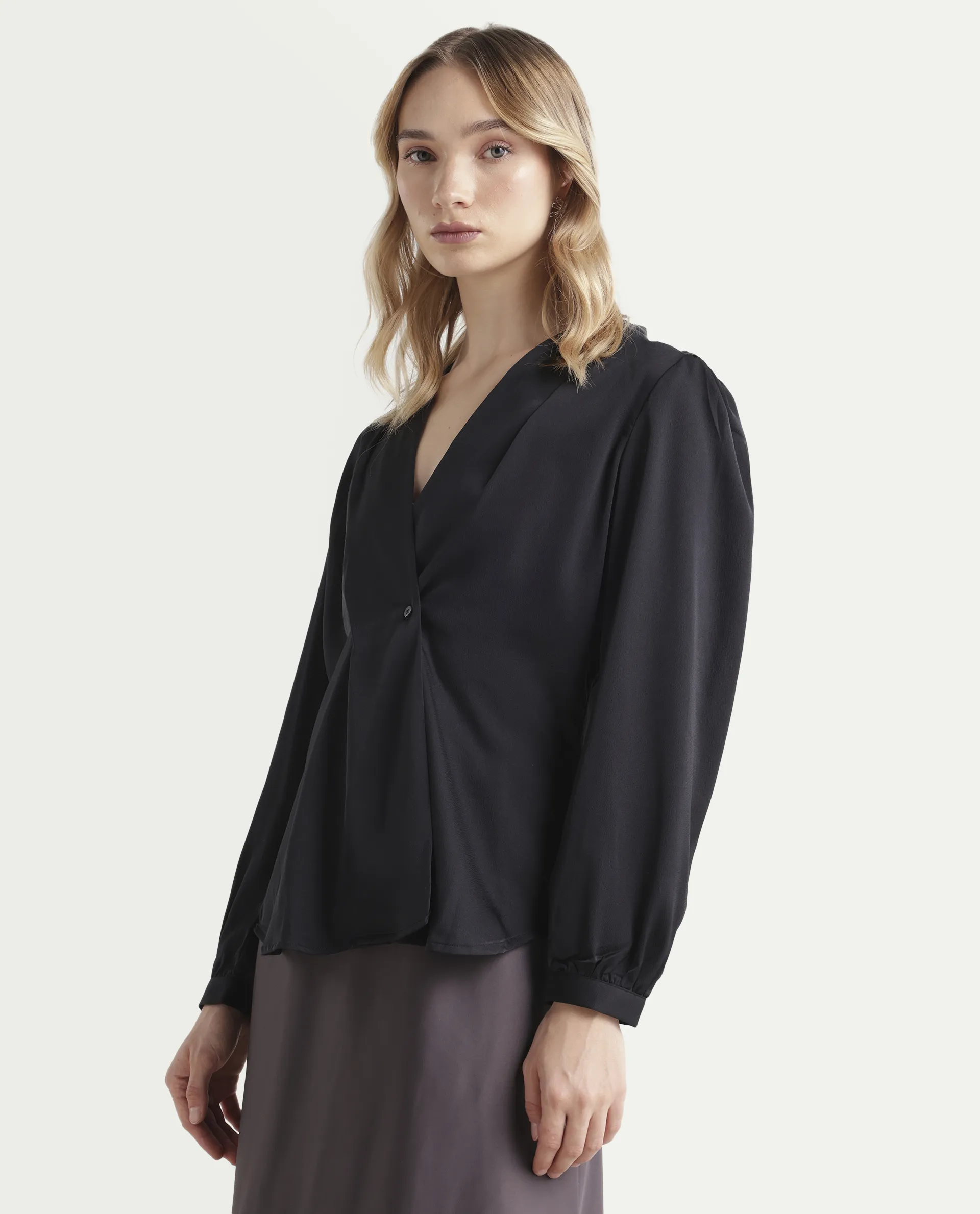 Rareism Women's Caplan Black Polyester Overlap Neck Plain Bishop Sleeve Regular Fit Top - Image 5