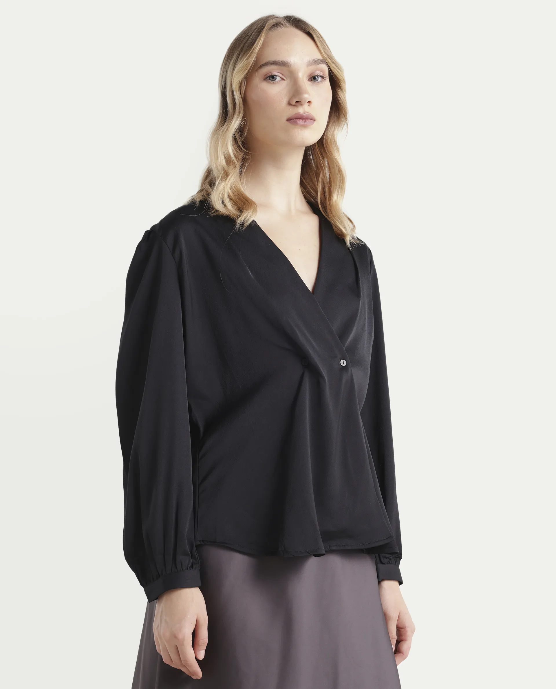 Rareism Women's Caplan Black Polyester Overlap Neck Plain Bishop Sleeve Regular Fit Top - Image 6