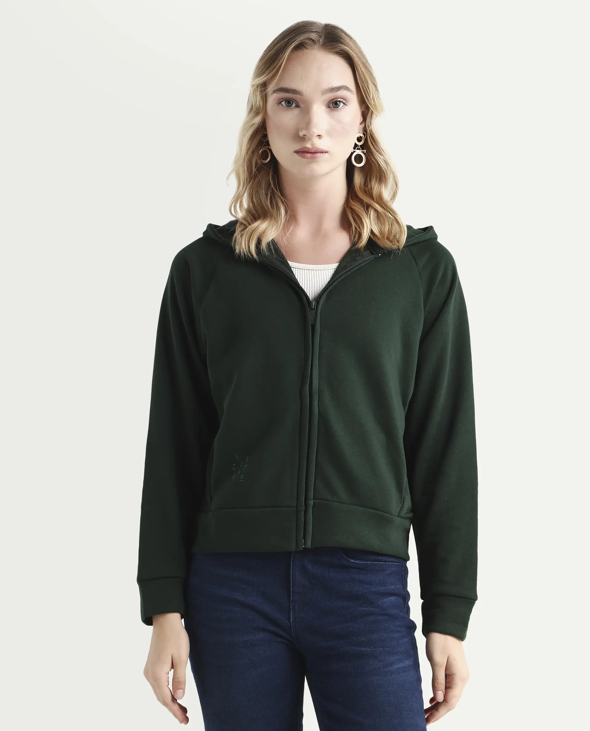 Rareism Women's Medium Weight Terry 290 Gsm Cotton Blend Hooded Plain Regular Fit Jacket - Image 3