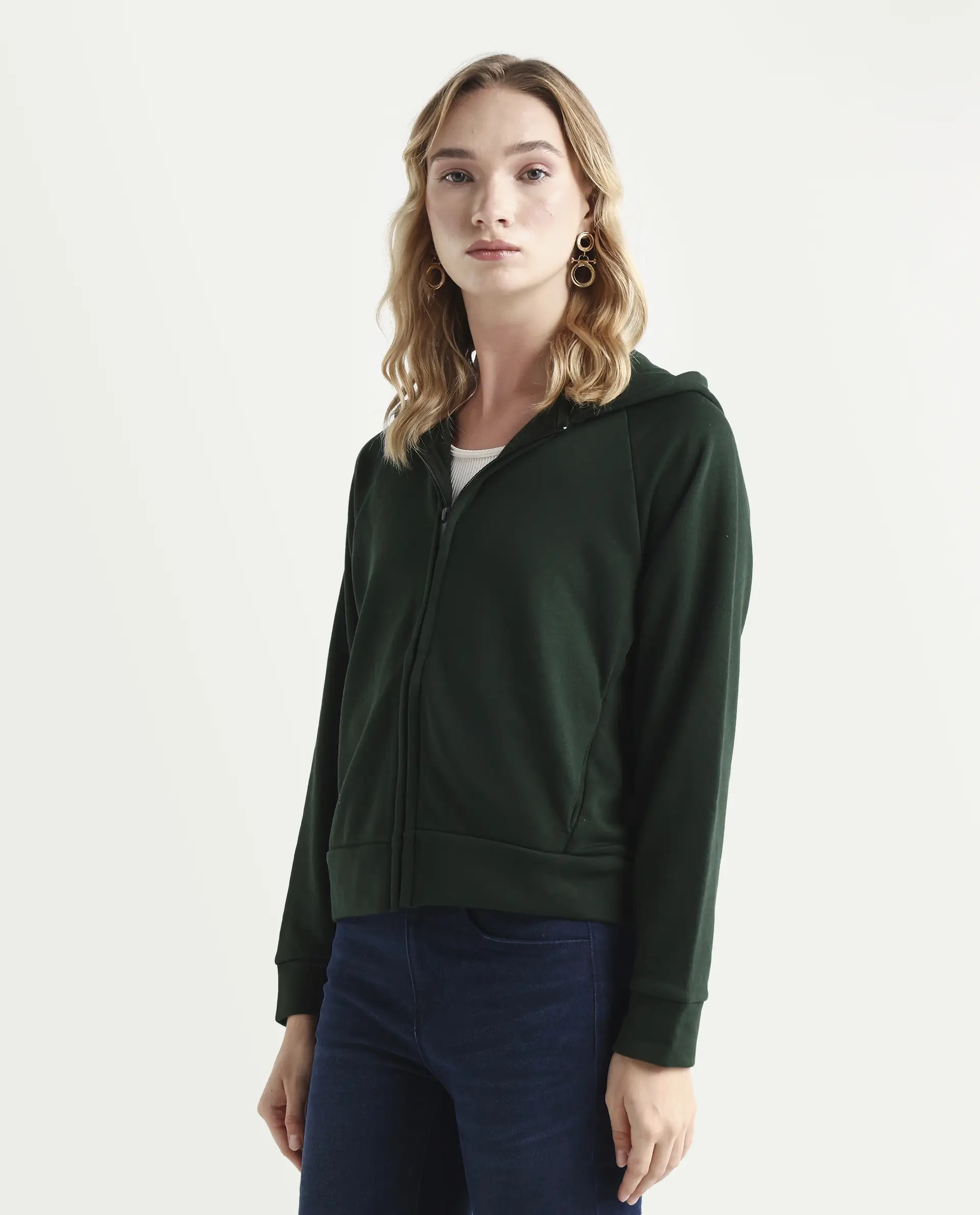 Rareism Women's Medium Weight Terry 290 Gsm Cotton Blend Hooded Plain Regular Fit Jacket - Image 5