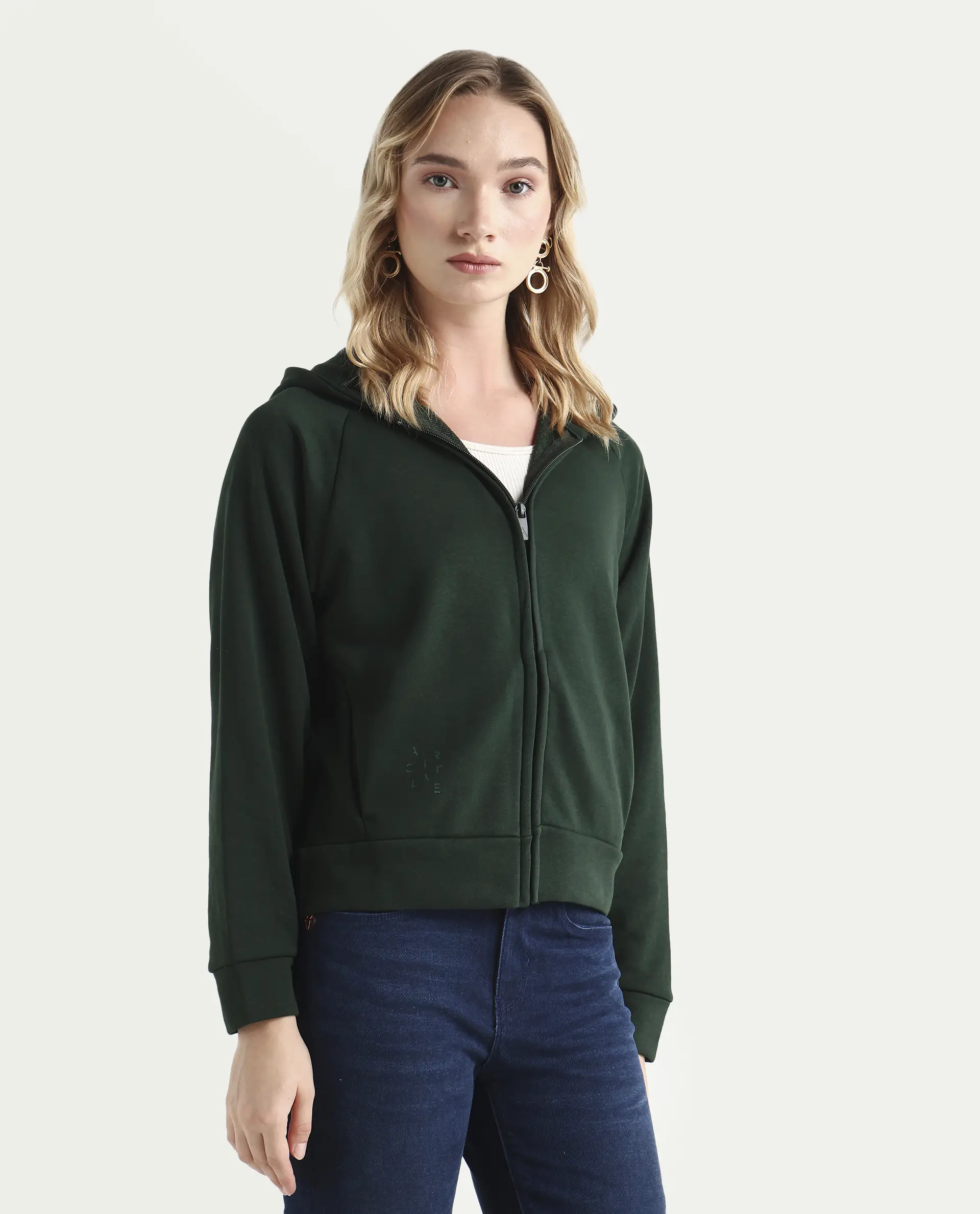 Rareism Women's Medium Weight Terry 290 Gsm Cotton Blend Hooded Plain Regular Fit Jacket - Image 6