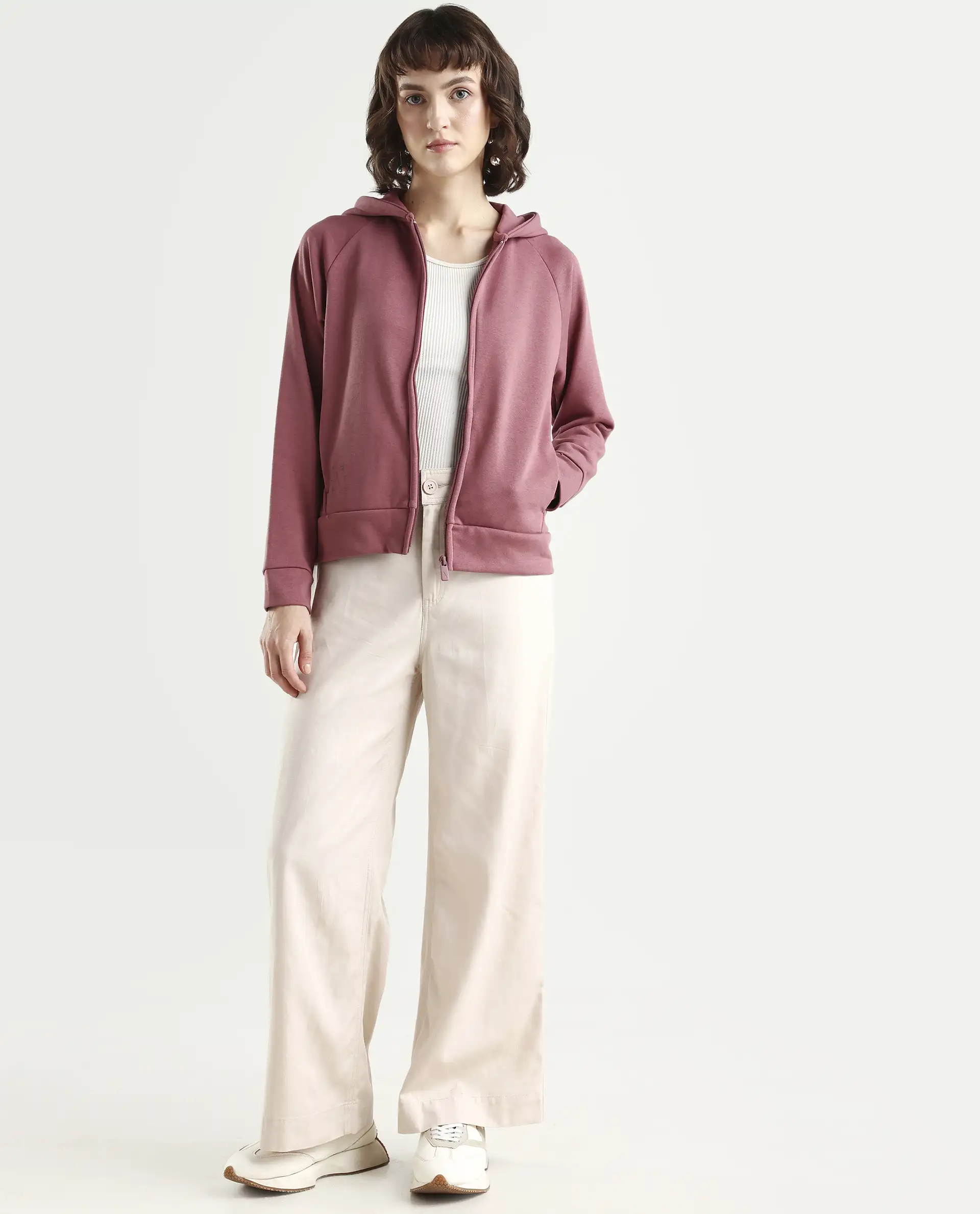 Rareism Women's Medium Weight Terry 290 Gsm Cotton Blend Hooded Plain Regular Fit Jacket - Image 2