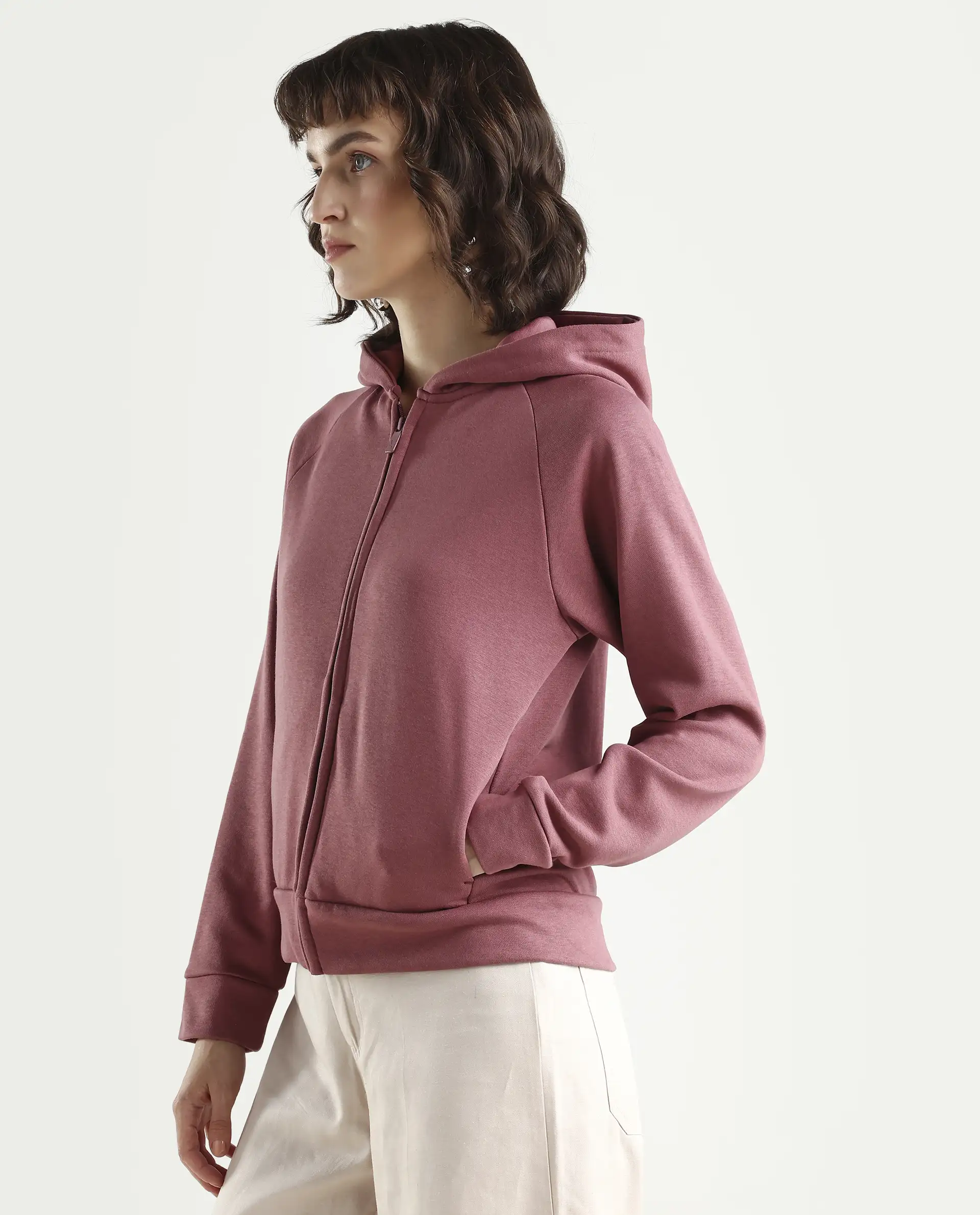Rareism Women's Medium Weight Terry 290 Gsm Cotton Blend Hooded Plain Regular Fit Jacket - Image 5